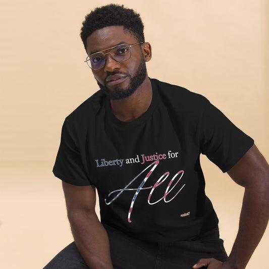 Black tee with “Liberty & Justice Protest” graphic, front view