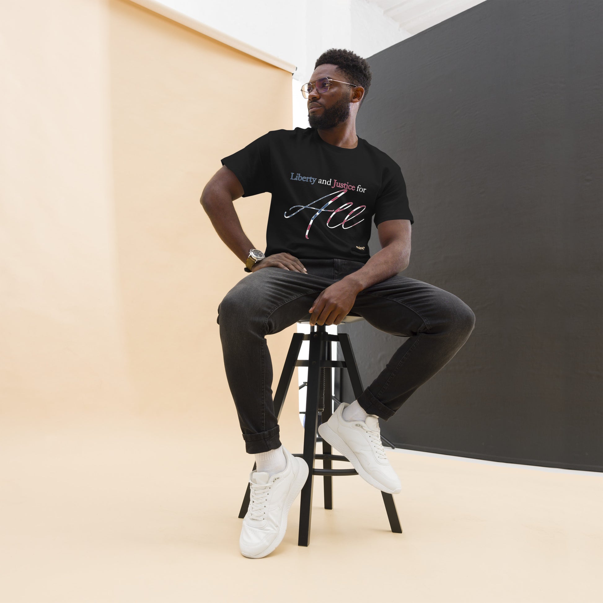 Black tee with “Liberty & Justice Protest” graphic, front view