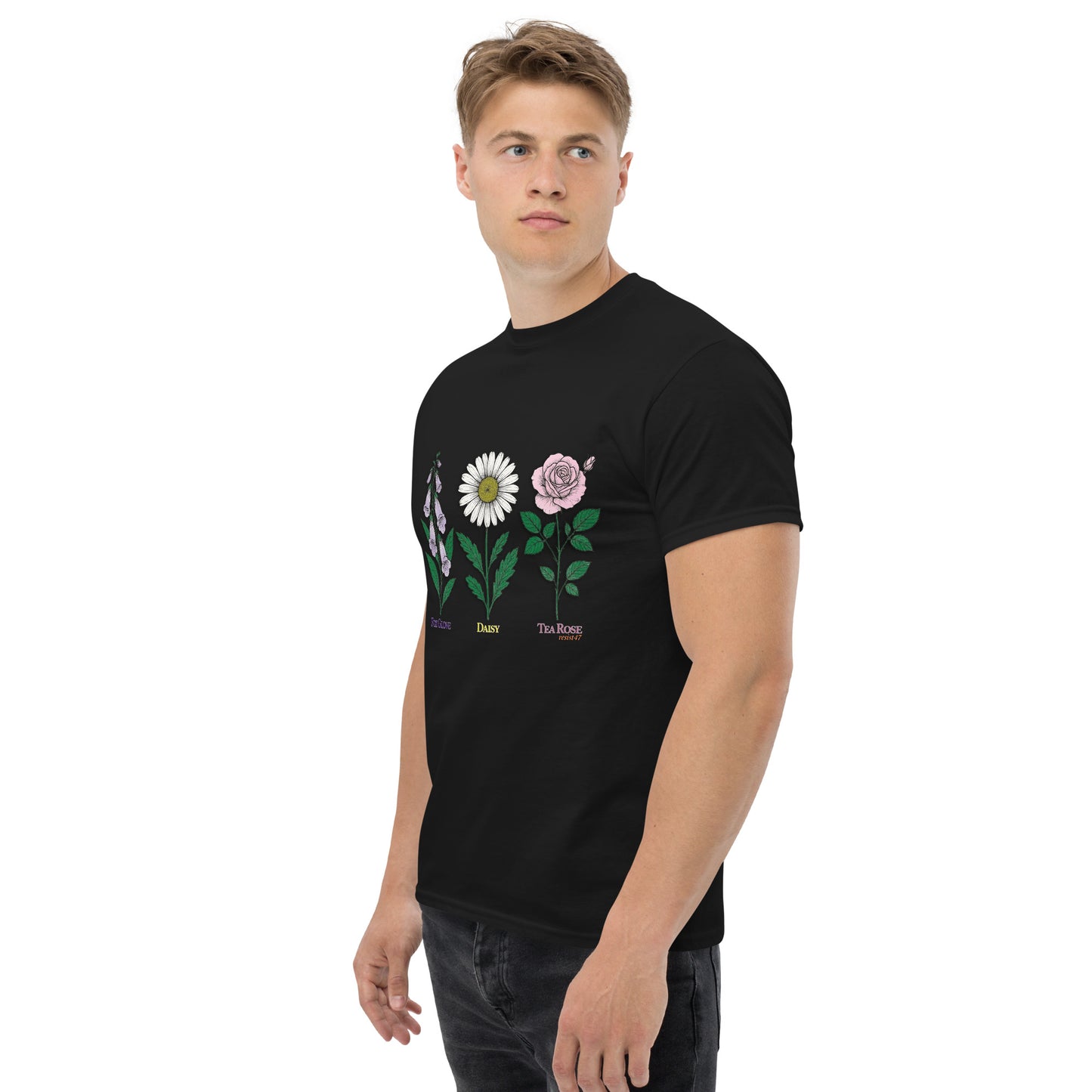 Black t-shirt with “FDT Flowers Protest” graphic, front view