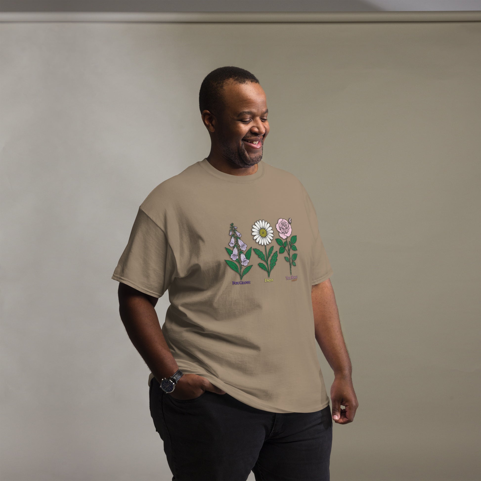 Black t-shirt with “FDT Flowers Protest” graphic, front view
