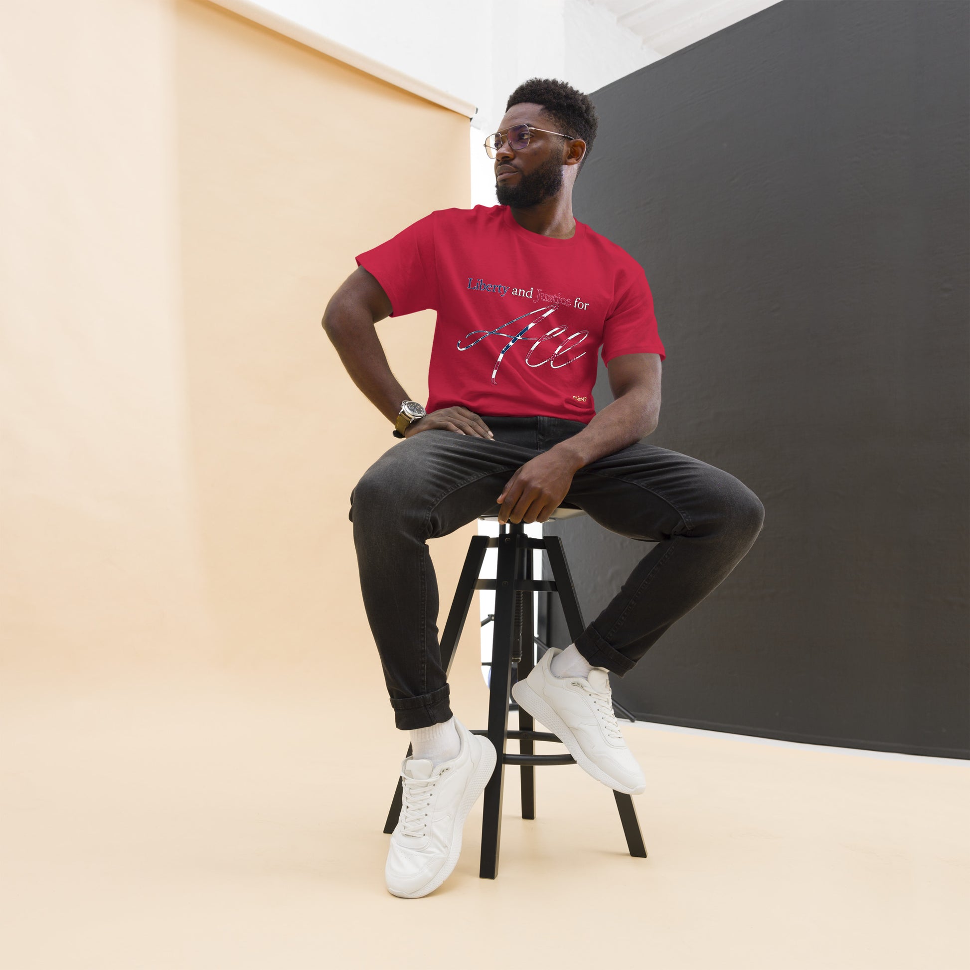 Navy tee with “Liberty & Justice Protest” graphic, front view