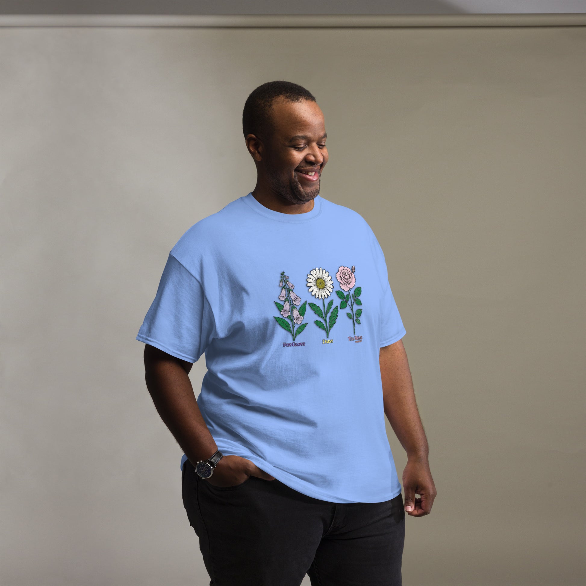 Navy t-shirt with “FDT Flowers Protest” graphic, front view