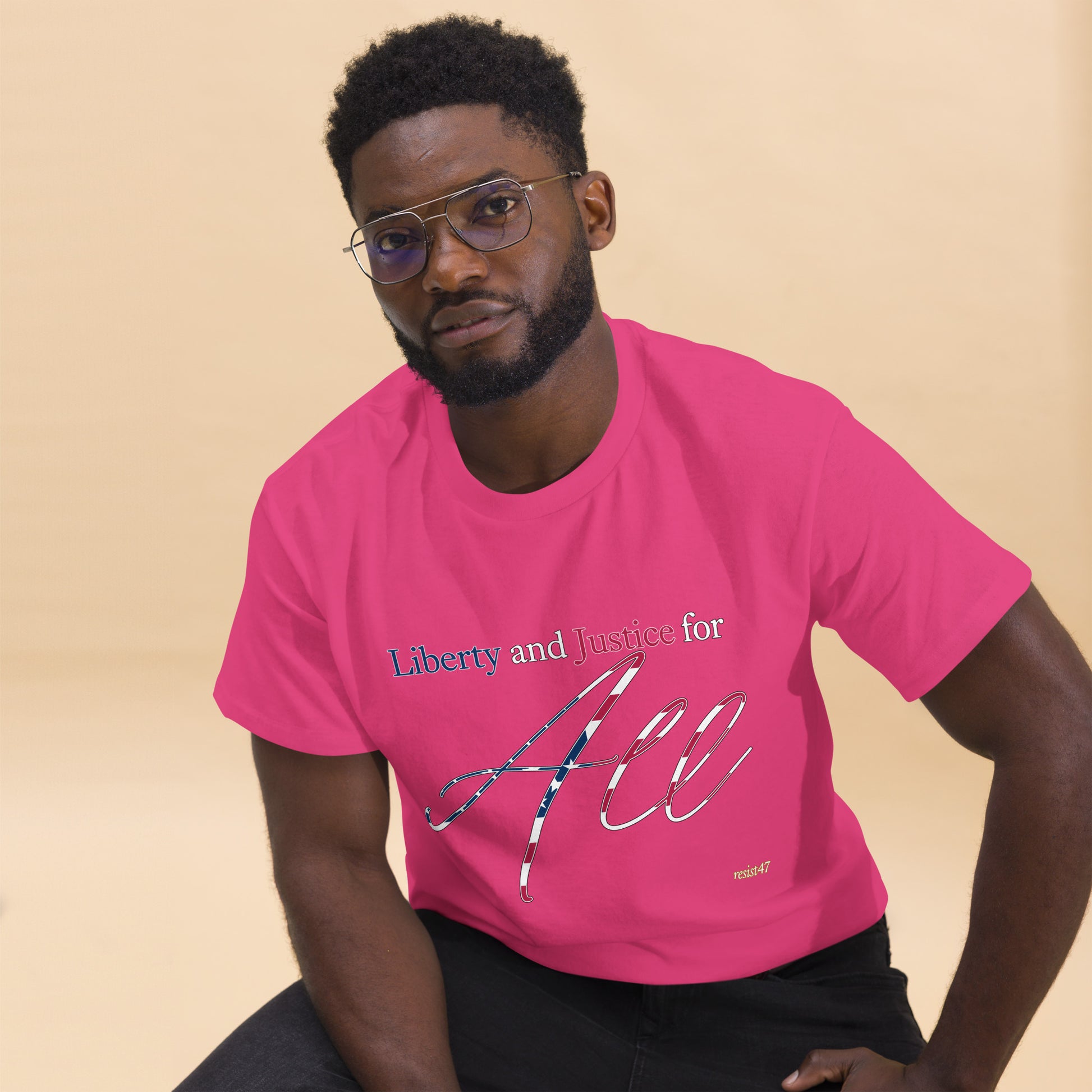 Navy tee with “Liberty & Justice Protest” graphic, front view