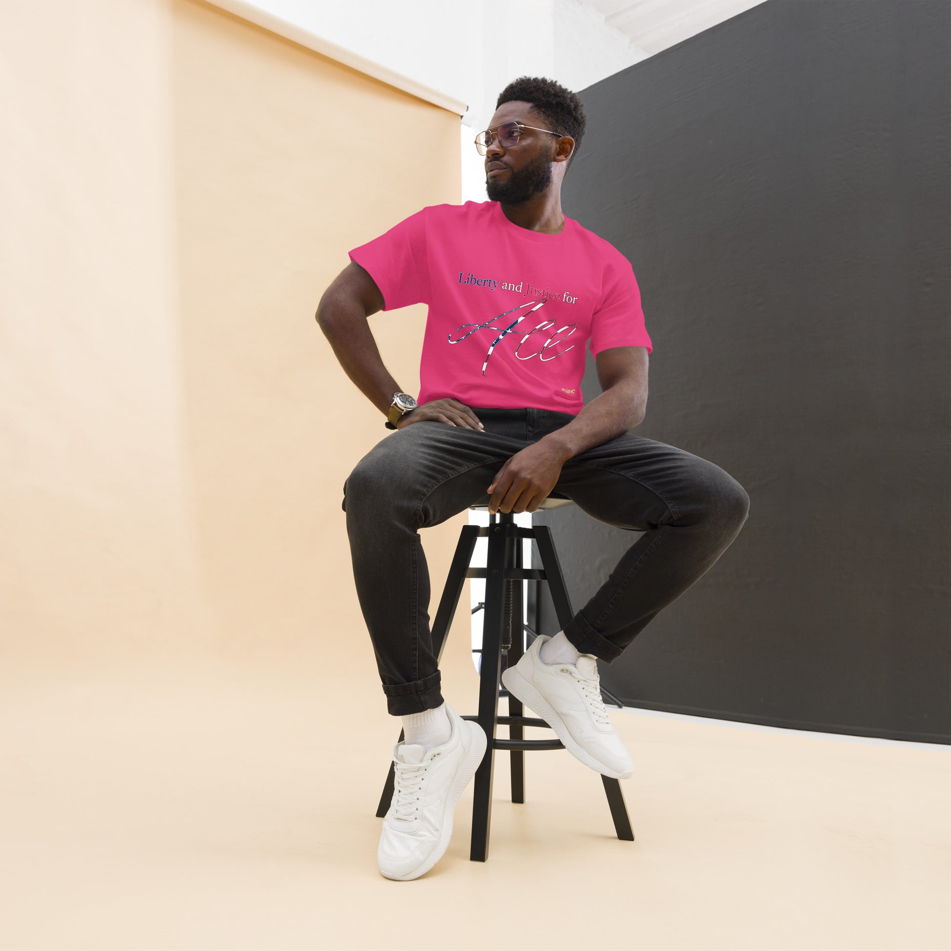 Navy tee with “Liberty & Justice Protest” graphic, front view