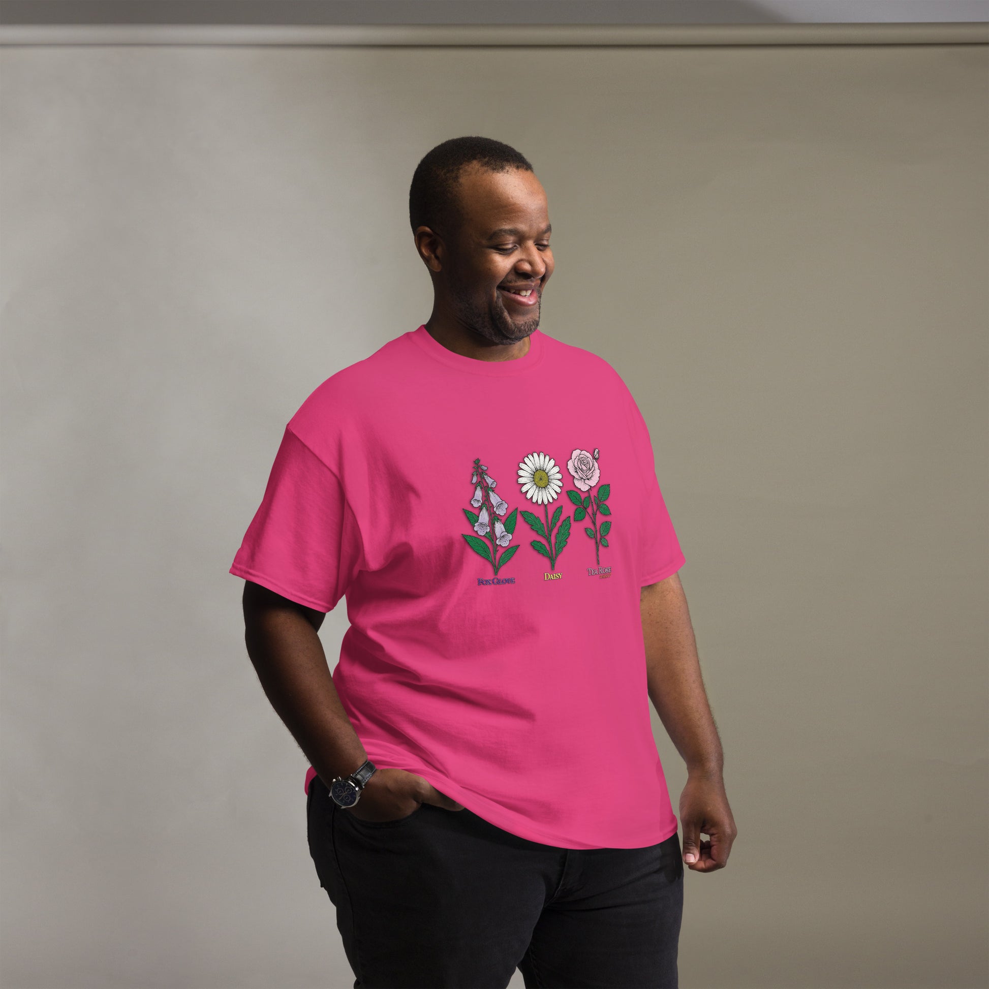 Black t-shirt with “FDT Flowers Protest” graphic, front view