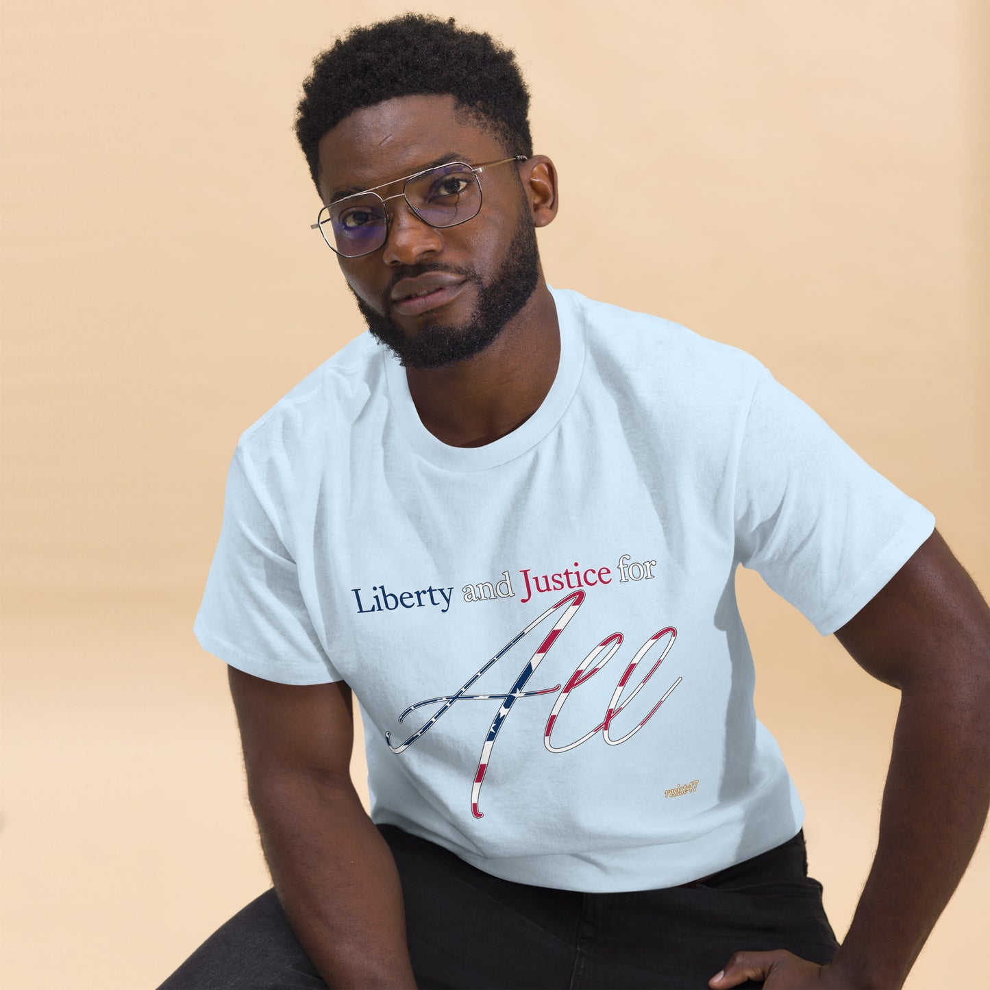 Red tee with “Liberty & Justice Protest” graphic, front view