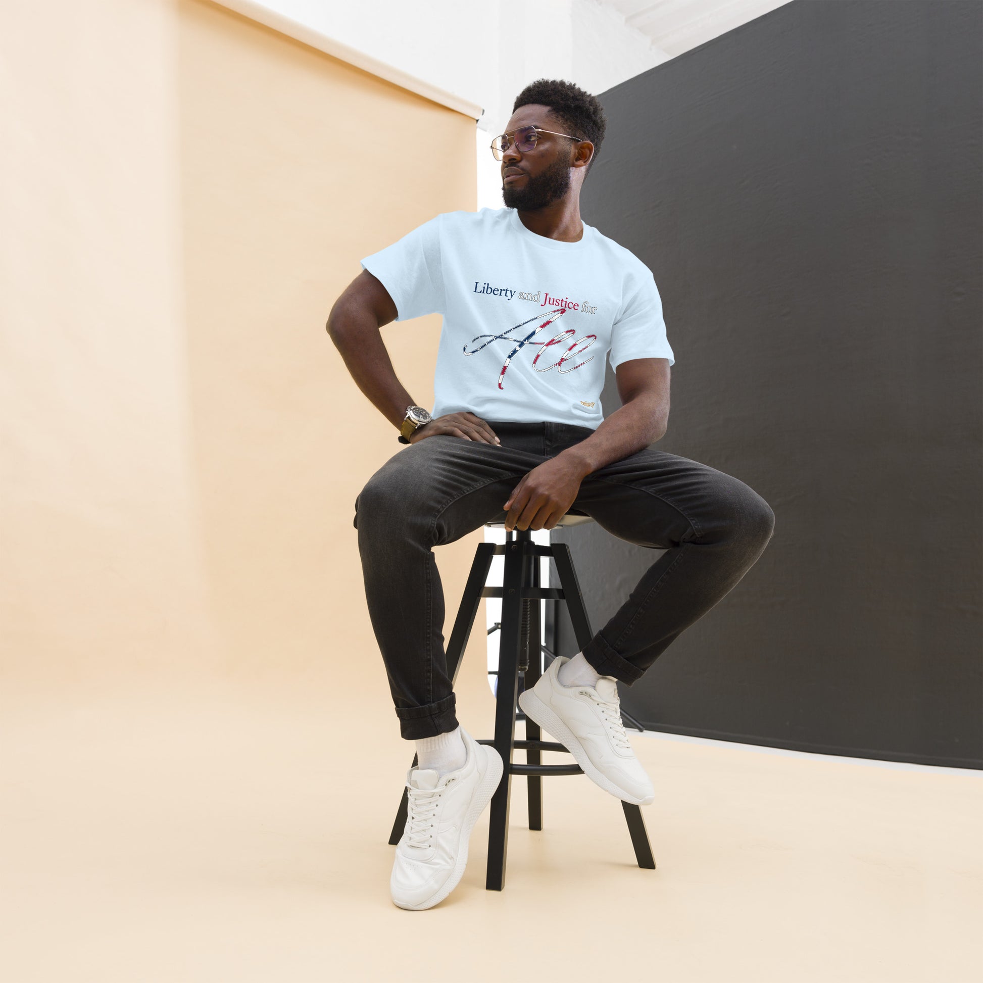 Red tee with “Liberty & Justice Protest” graphic, front view