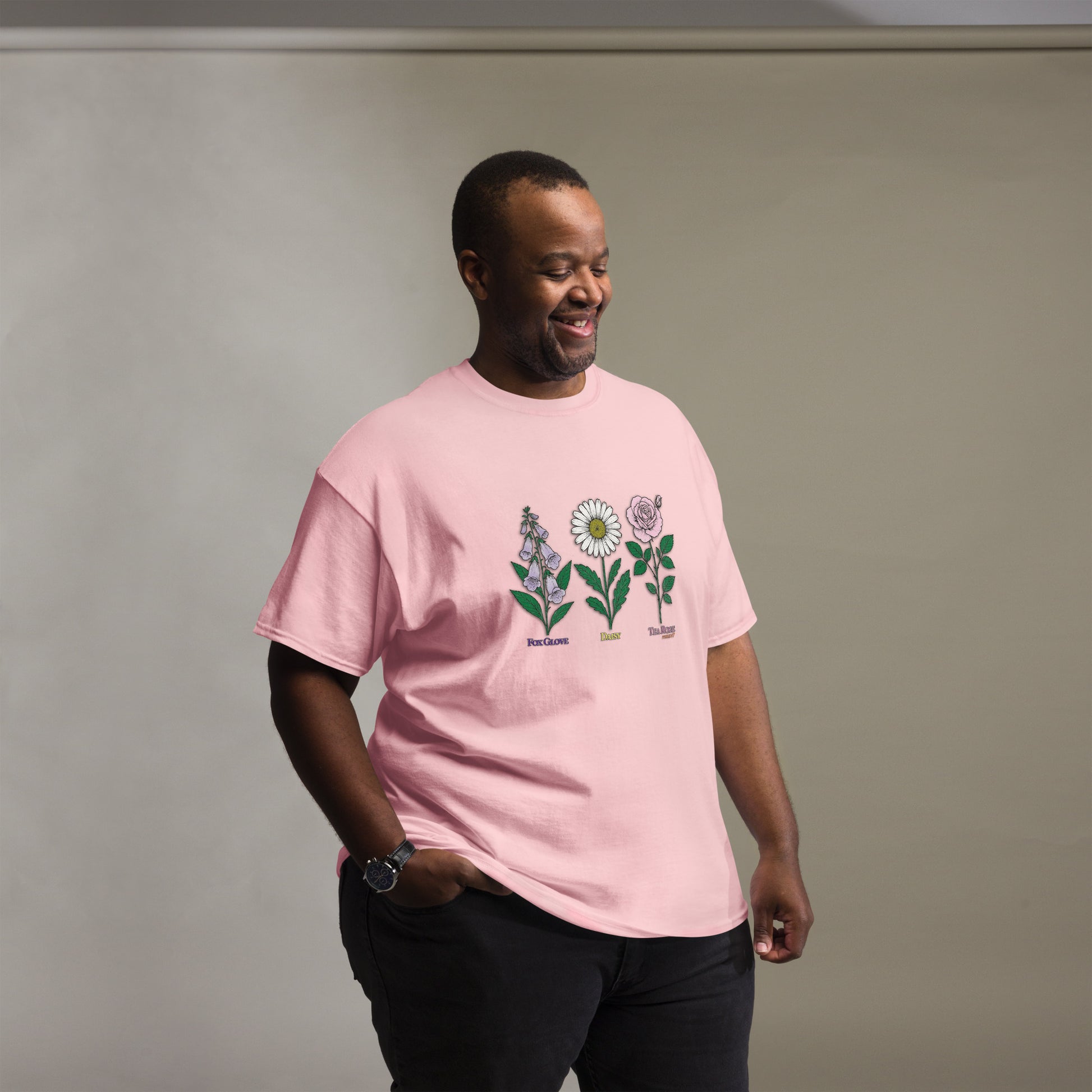 Navy t-shirt with “FDT Flowers Protest” graphic, front view