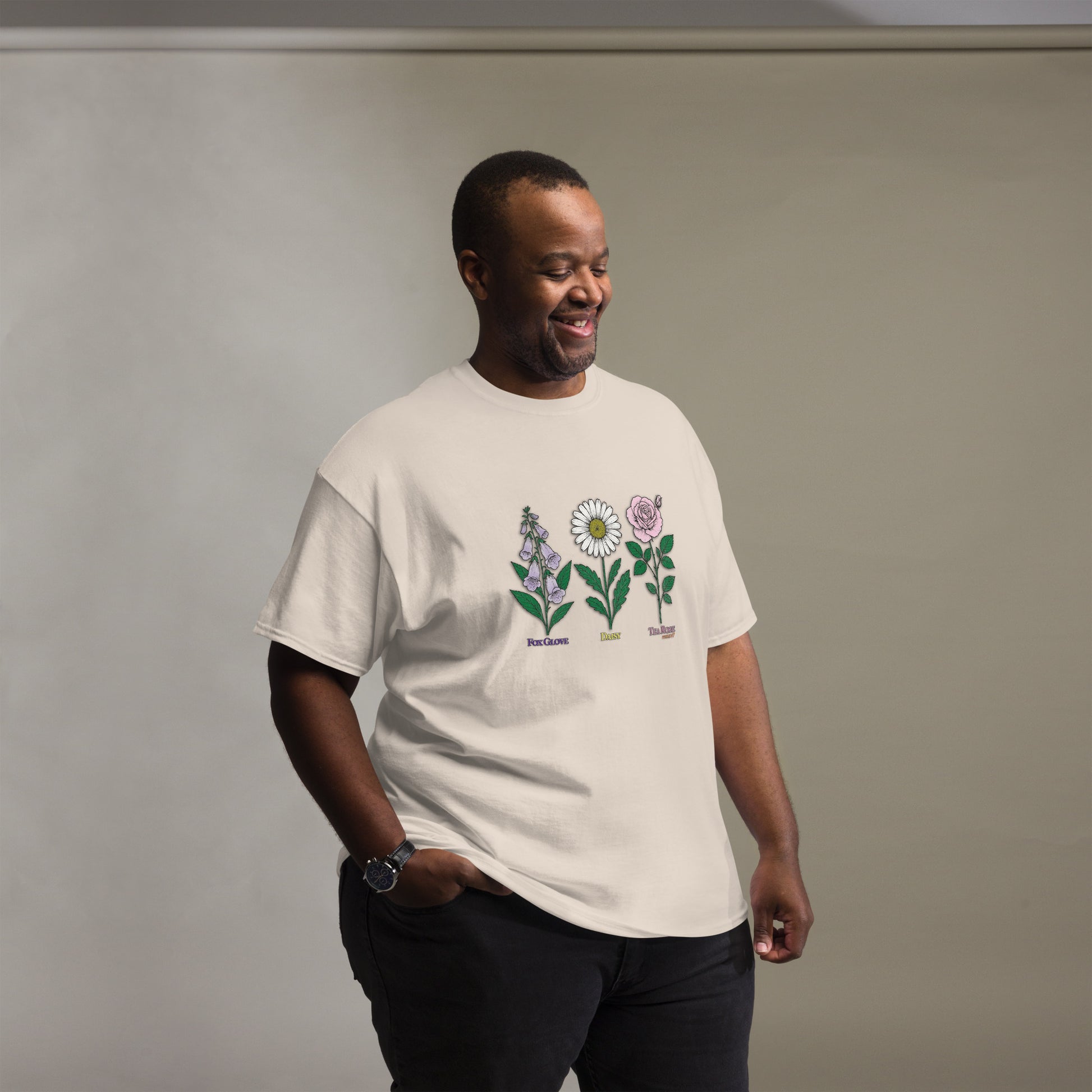Navy t-shirt with “FDT Flowers Protest” graphic, front view