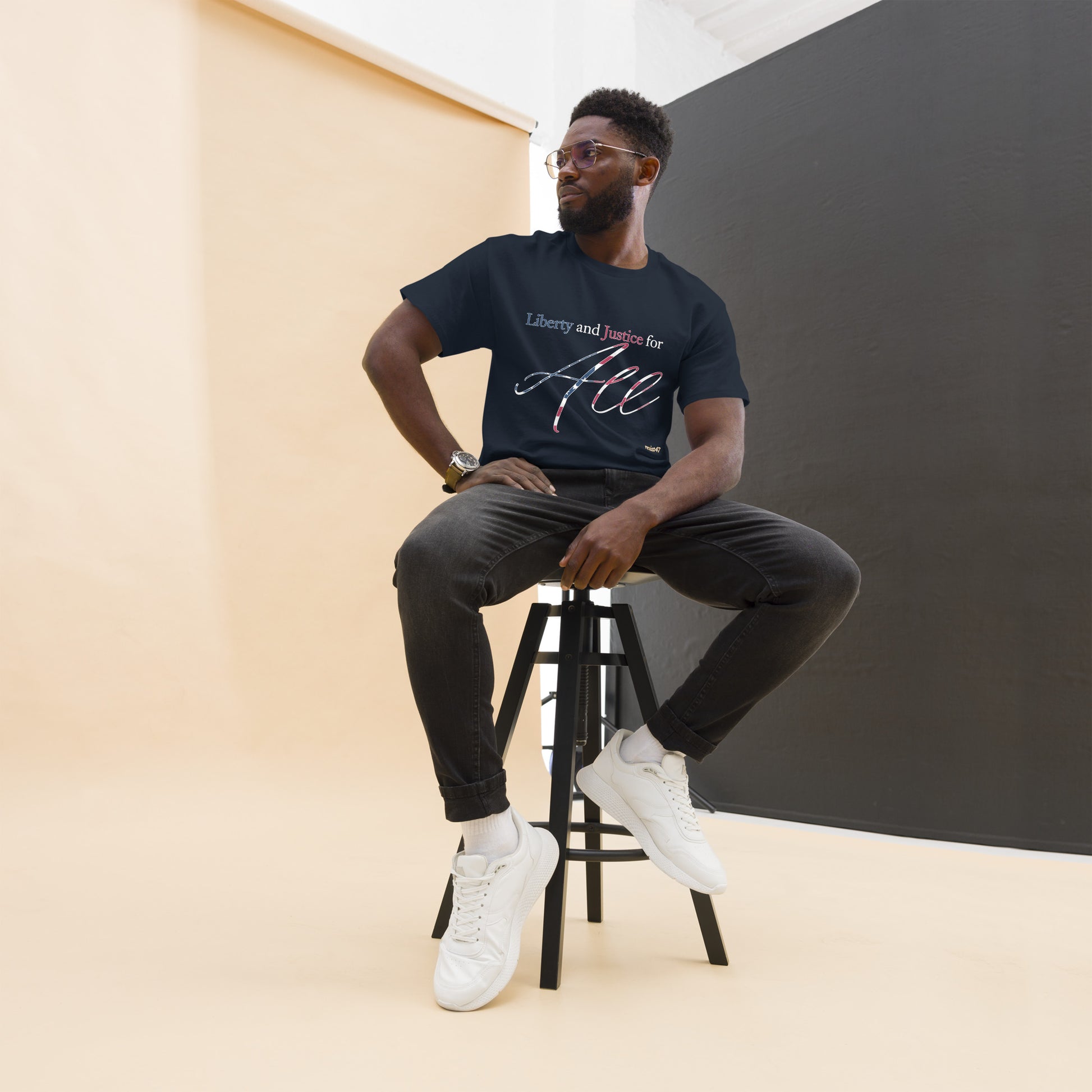 Black tee with “Liberty & Justice Protest” graphic, front view