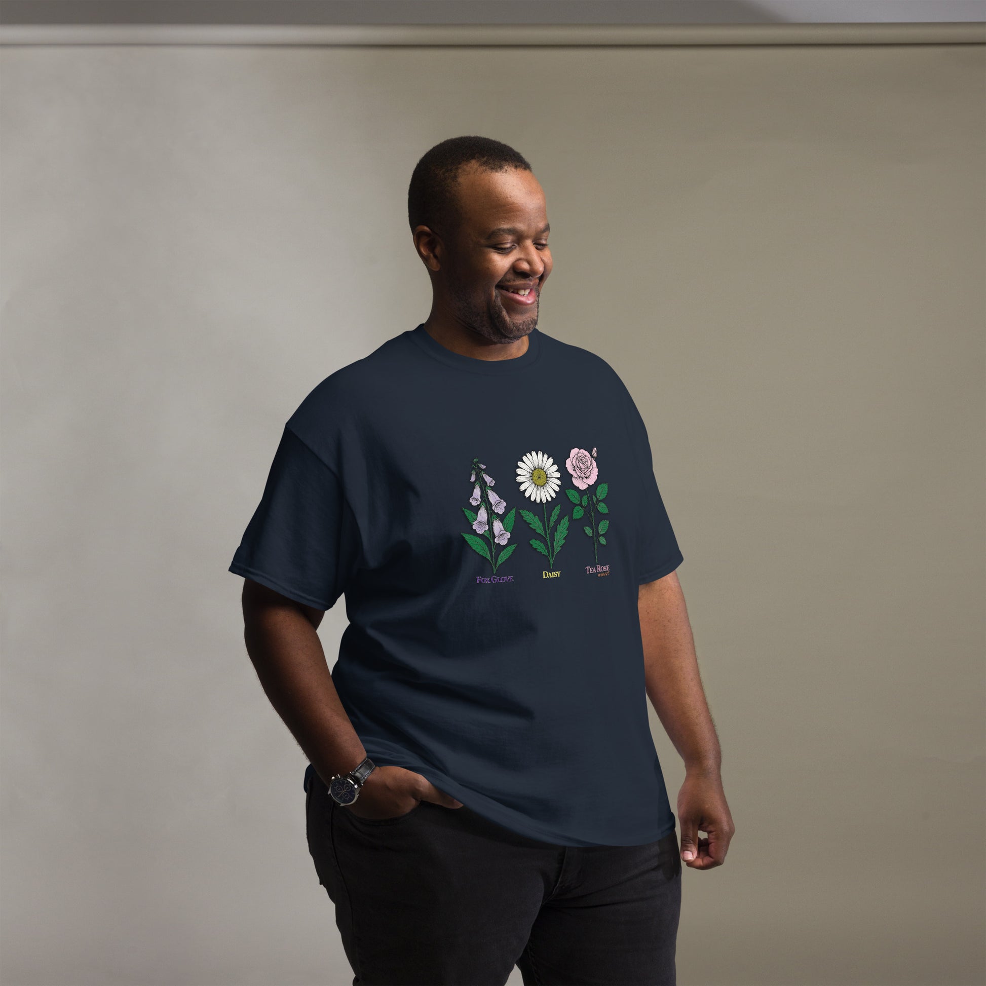 Black t-shirt with “FDT Flowers Protest” graphic, front view