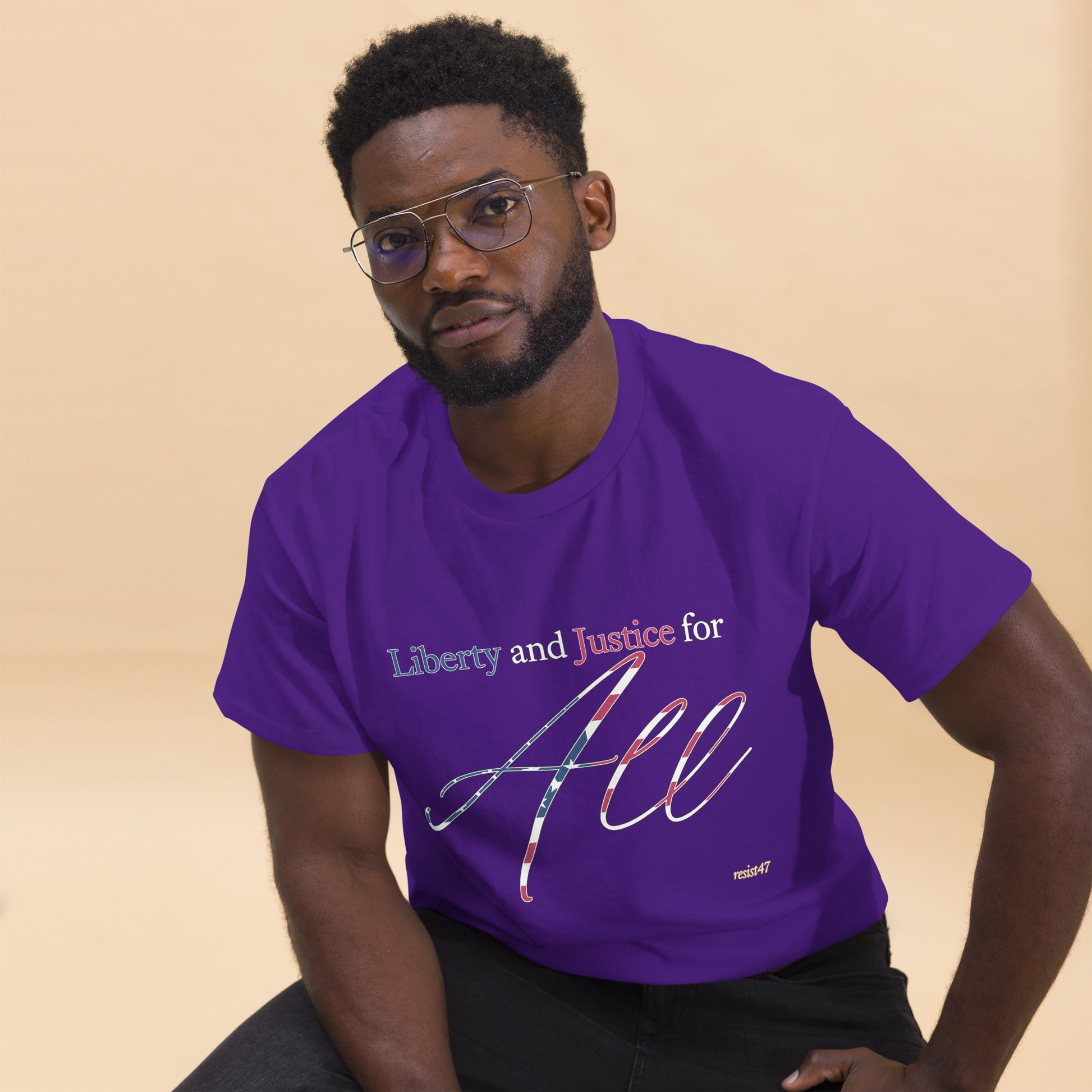Black tee with “Liberty & Justice Protest” graphic, front view