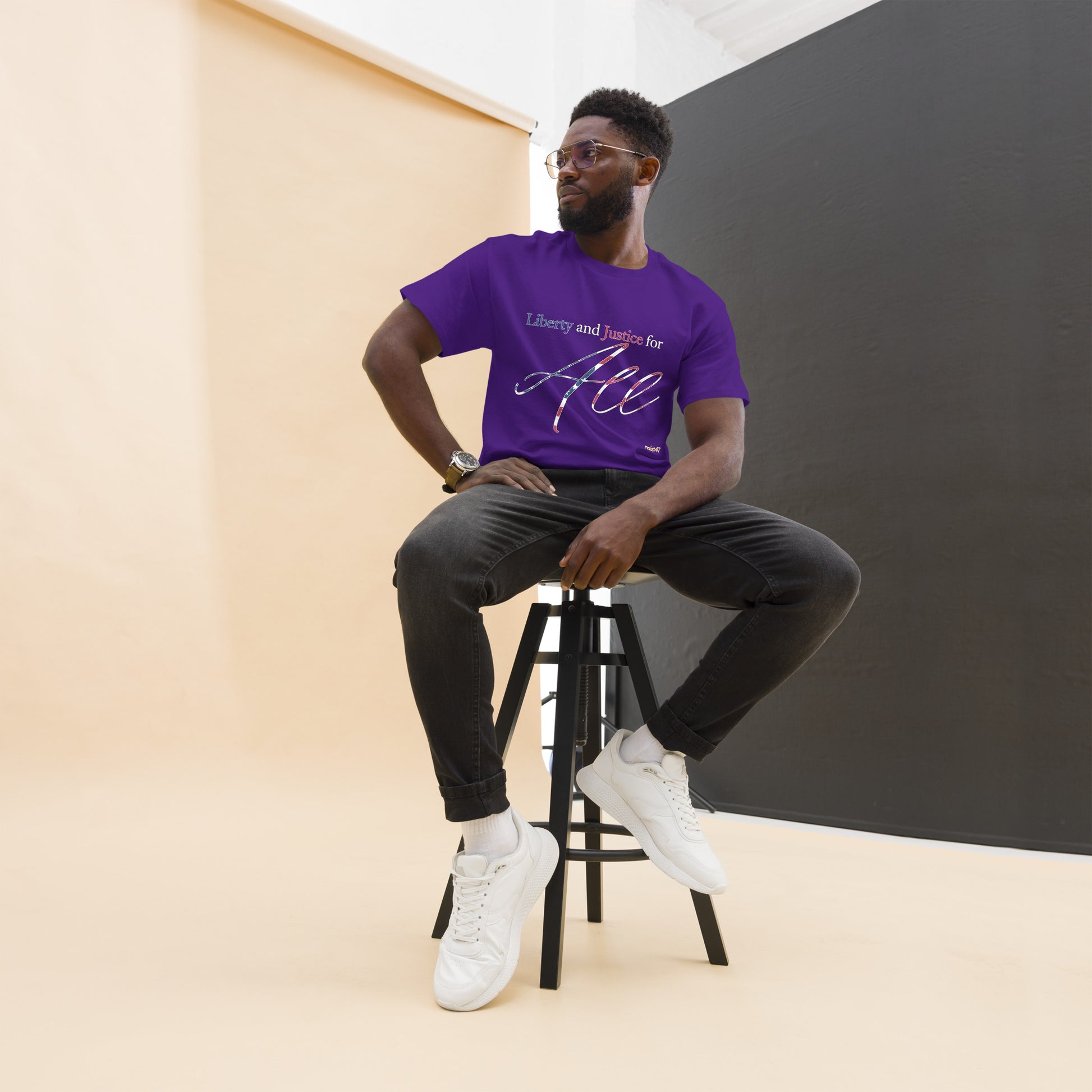 Black tee with “Liberty & Justice Protest” graphic, front view