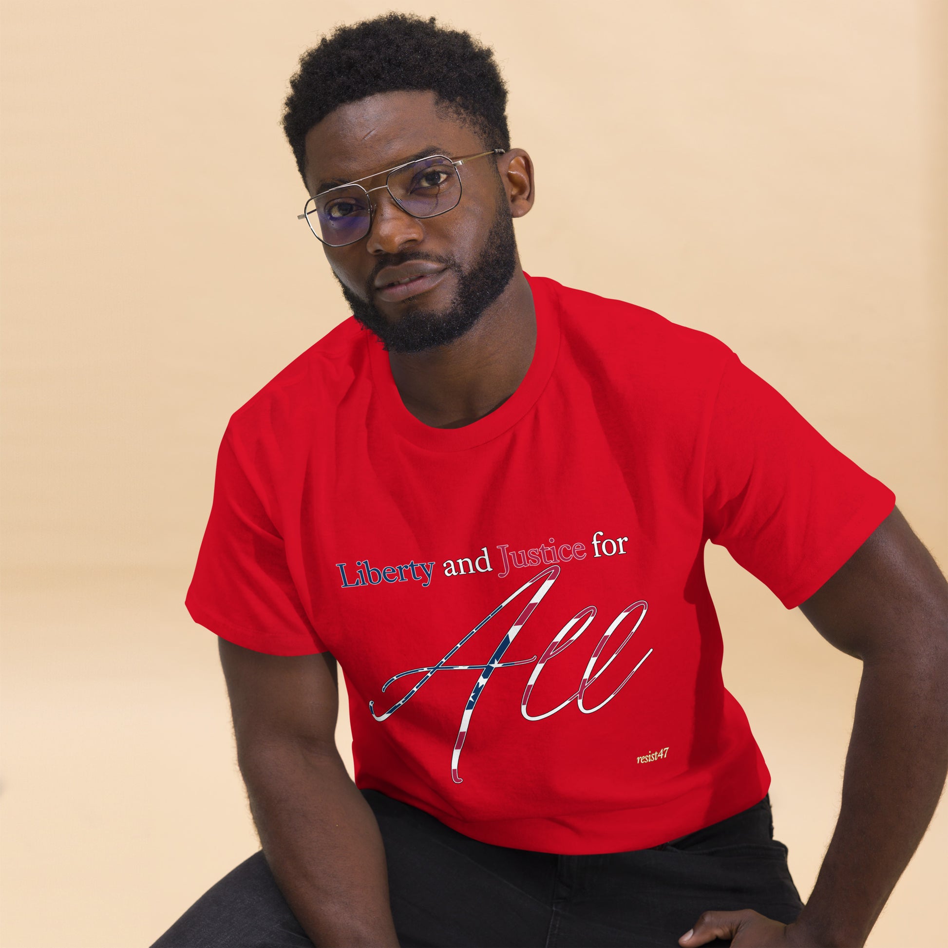 Black tee with “Liberty & Justice Protest” graphic, front view