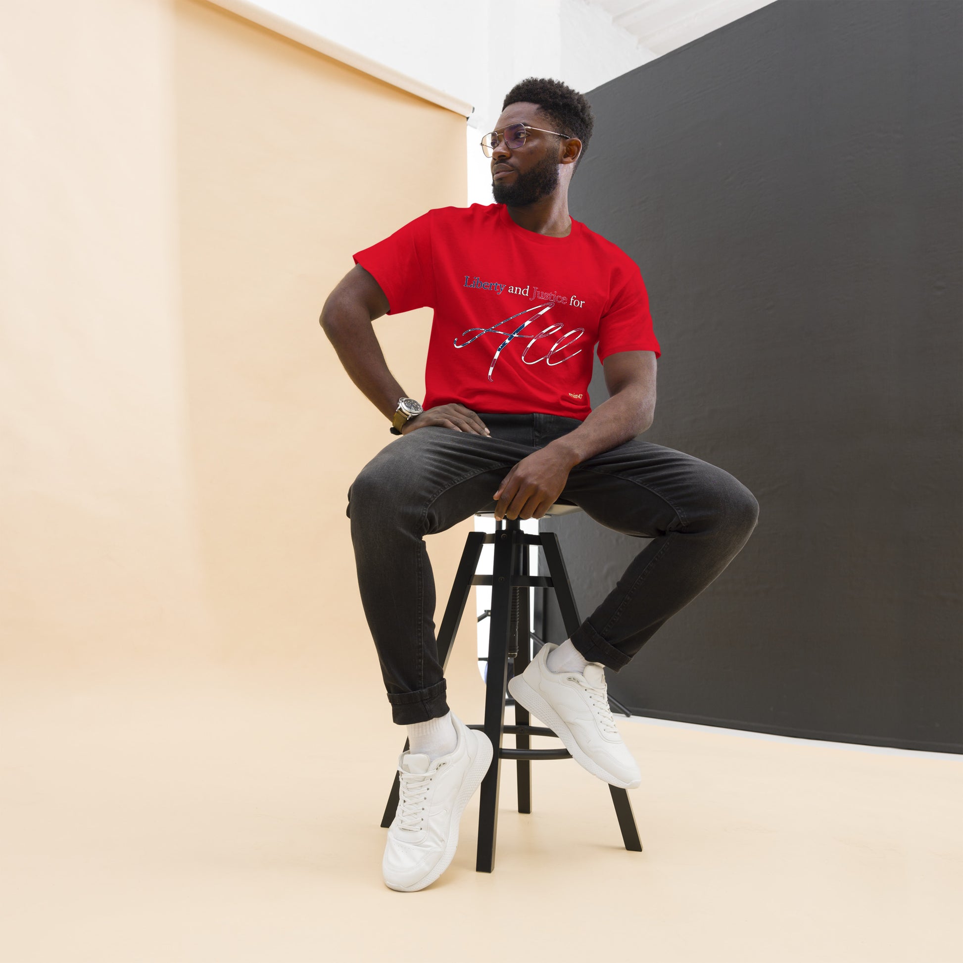 Black tee with “Liberty & Justice Protest” graphic, front view