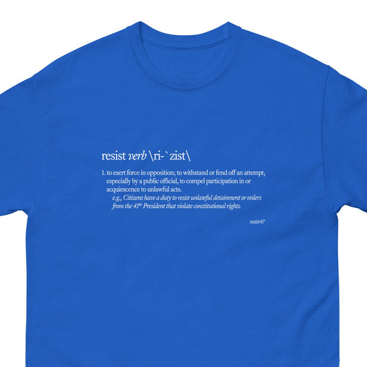 Royal t-shirt with “Resist Definition” graphic, front view