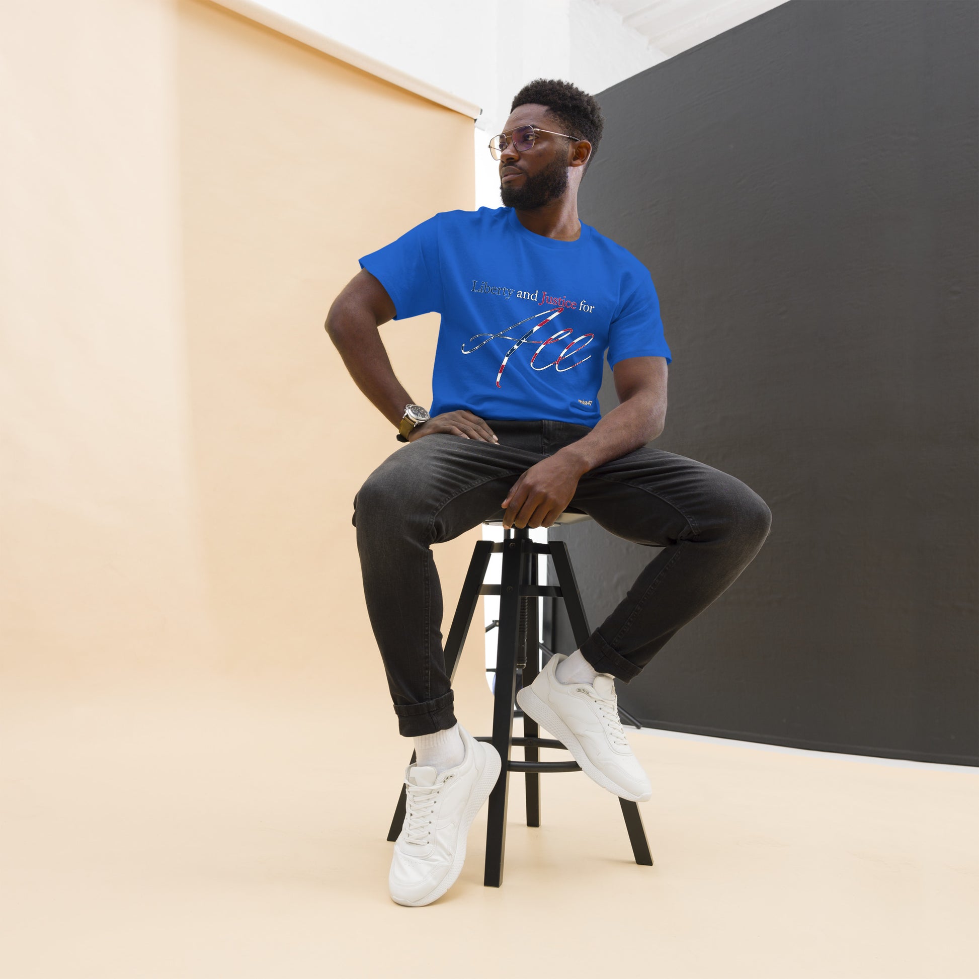Navy tee with “Liberty & Justice Protest” graphic, front view