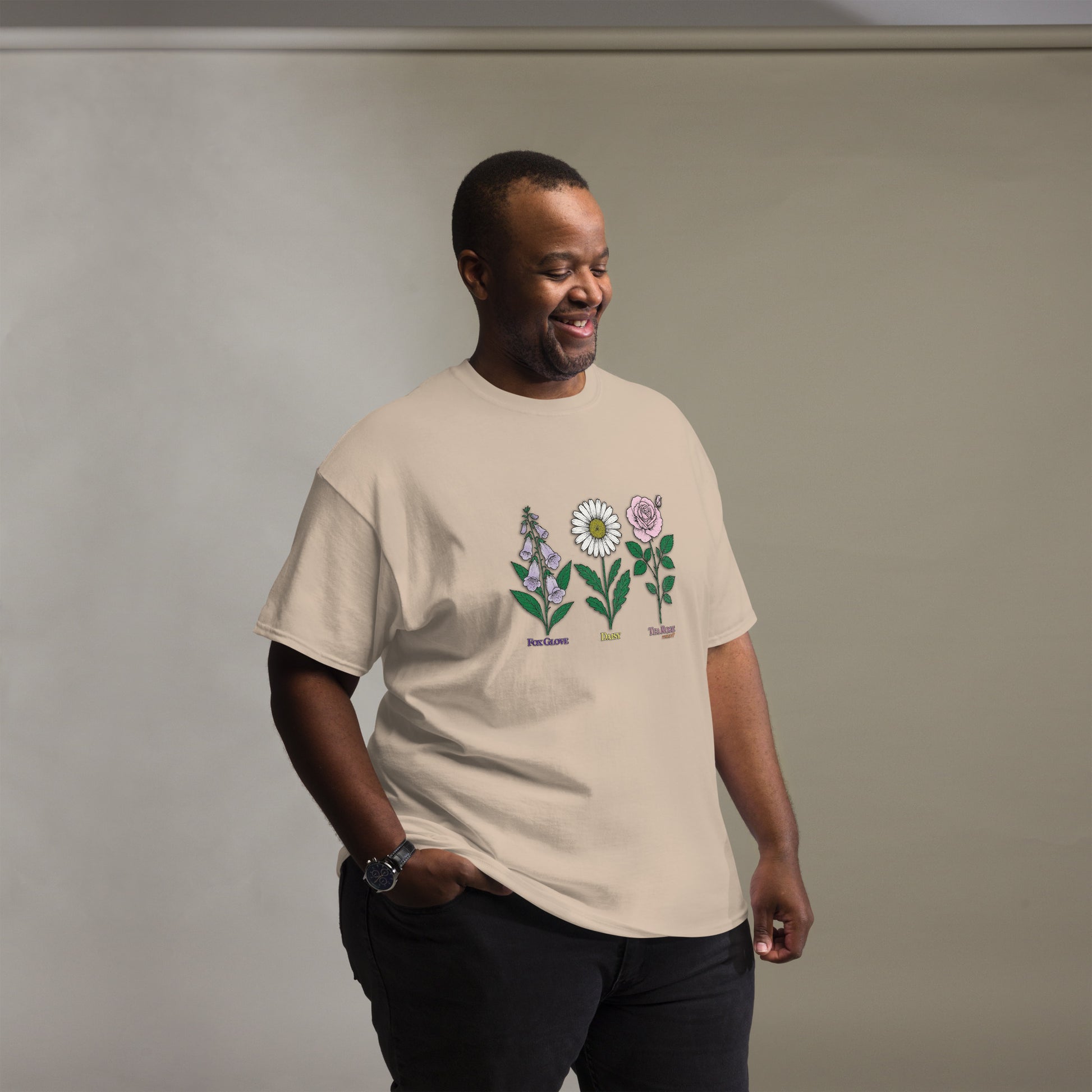 Navy t-shirt with “FDT Flowers Protest” graphic, front view
