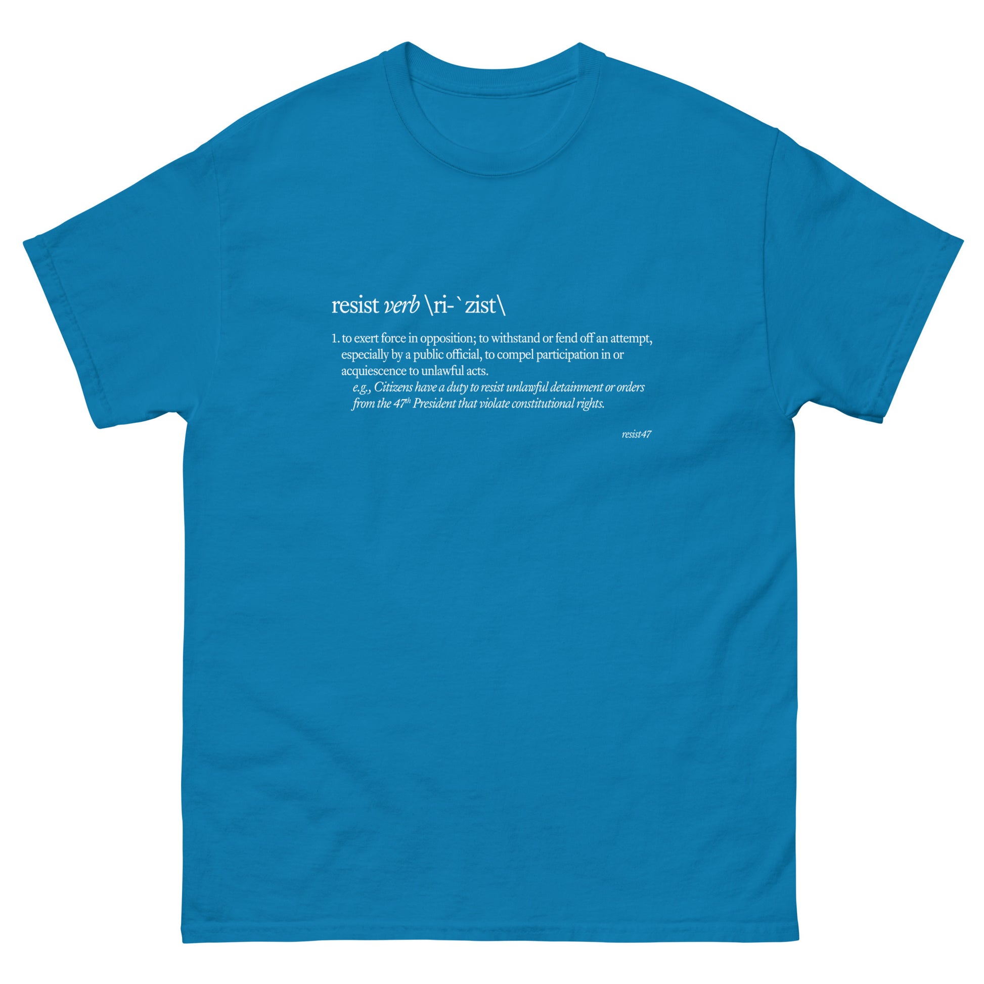 Royal t-shirt with “Resist Definition” graphic, front view