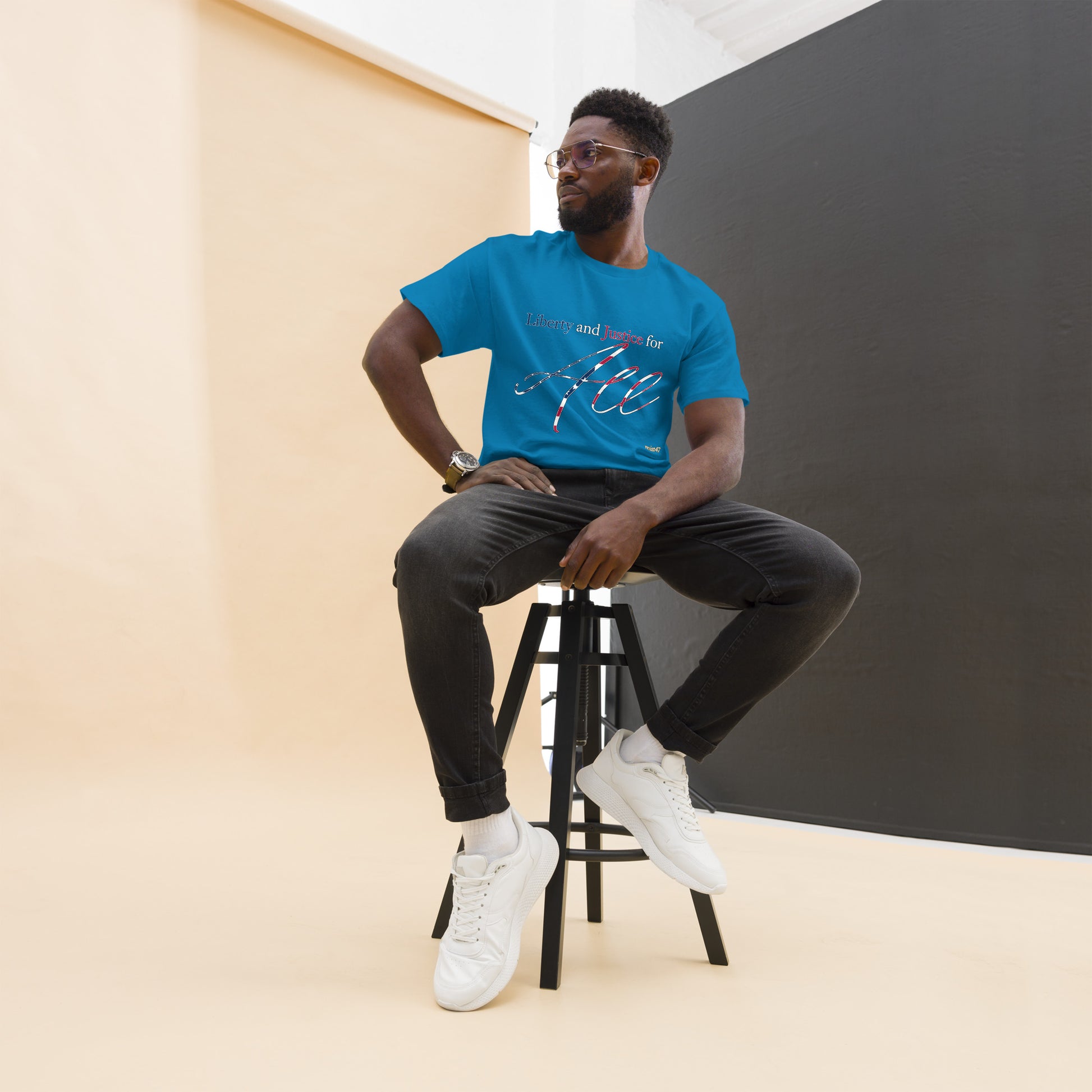 Navy tee with “Liberty & Justice Protest” graphic, front view