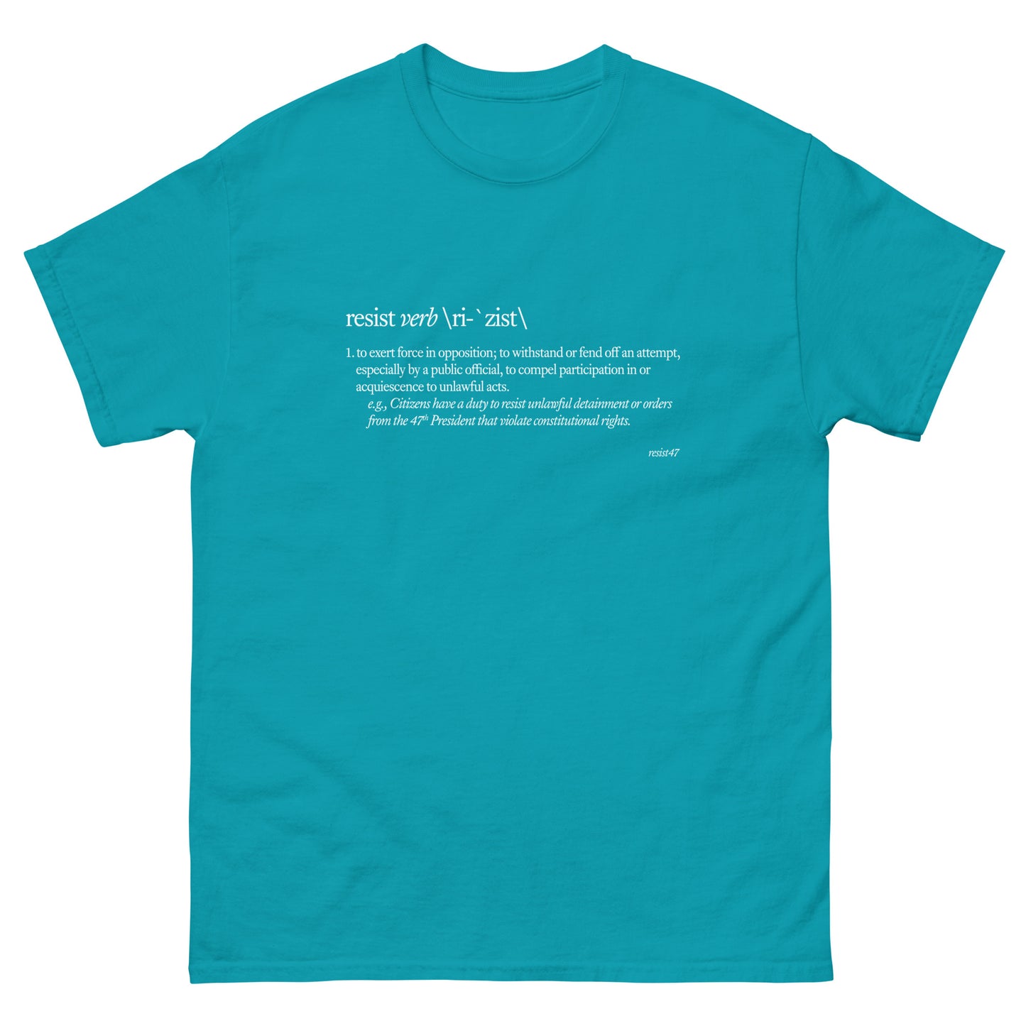 Royal t-shirt with “Resist Definition” graphic, front view