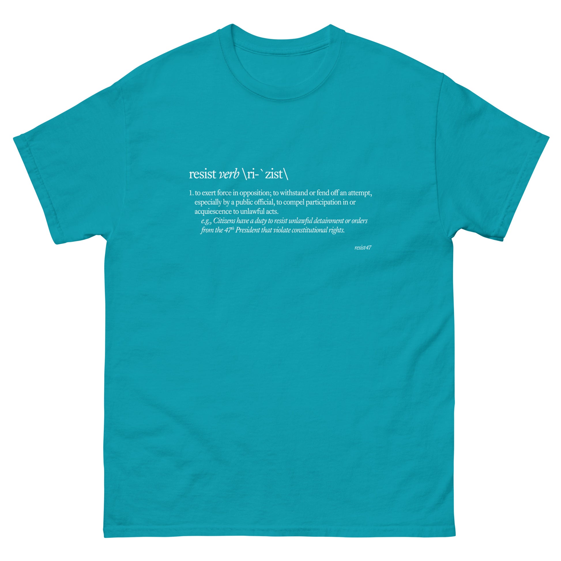 Royal t-shirt with “Resist Definition” graphic, front view