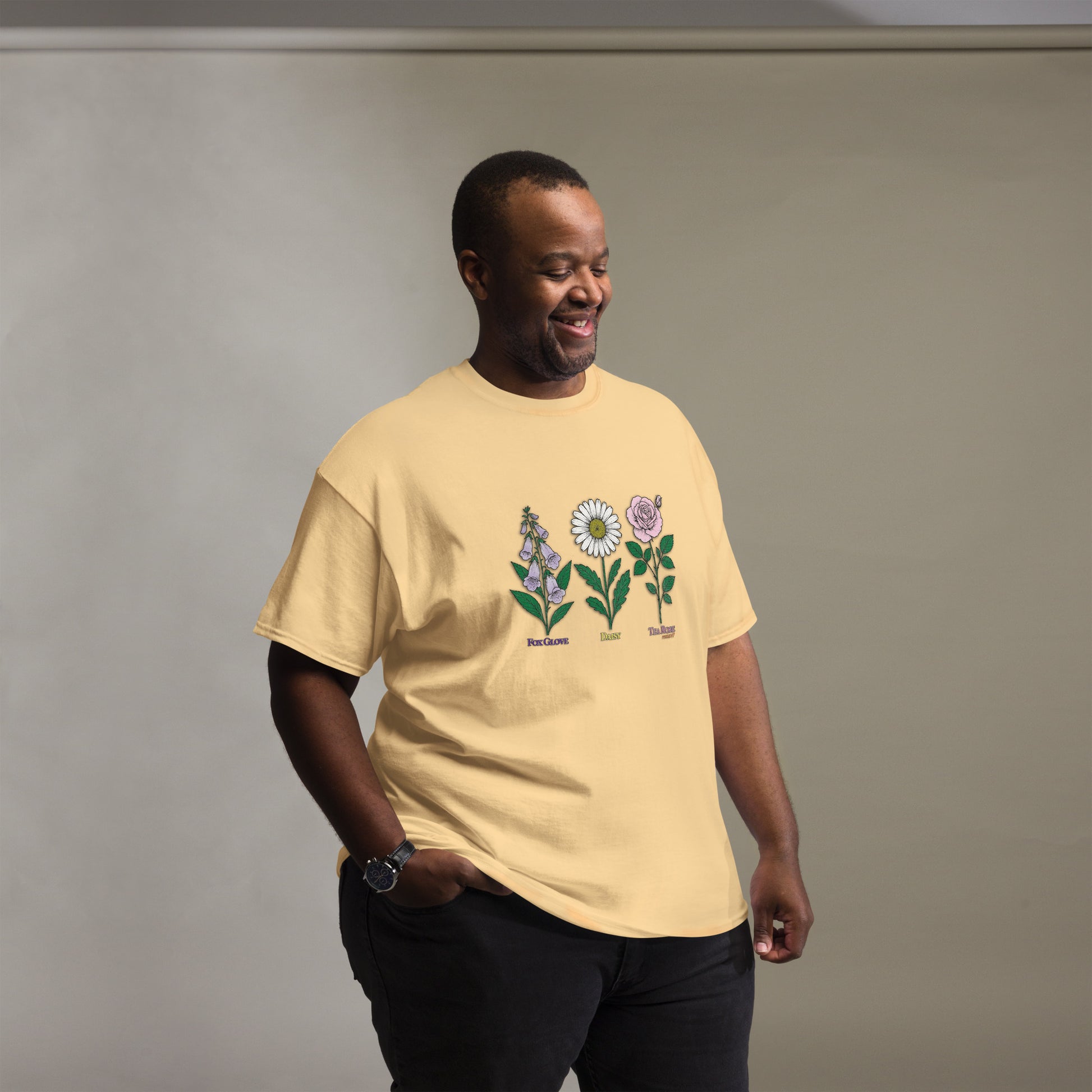 Navy t-shirt with “FDT Flowers Protest” graphic, front view