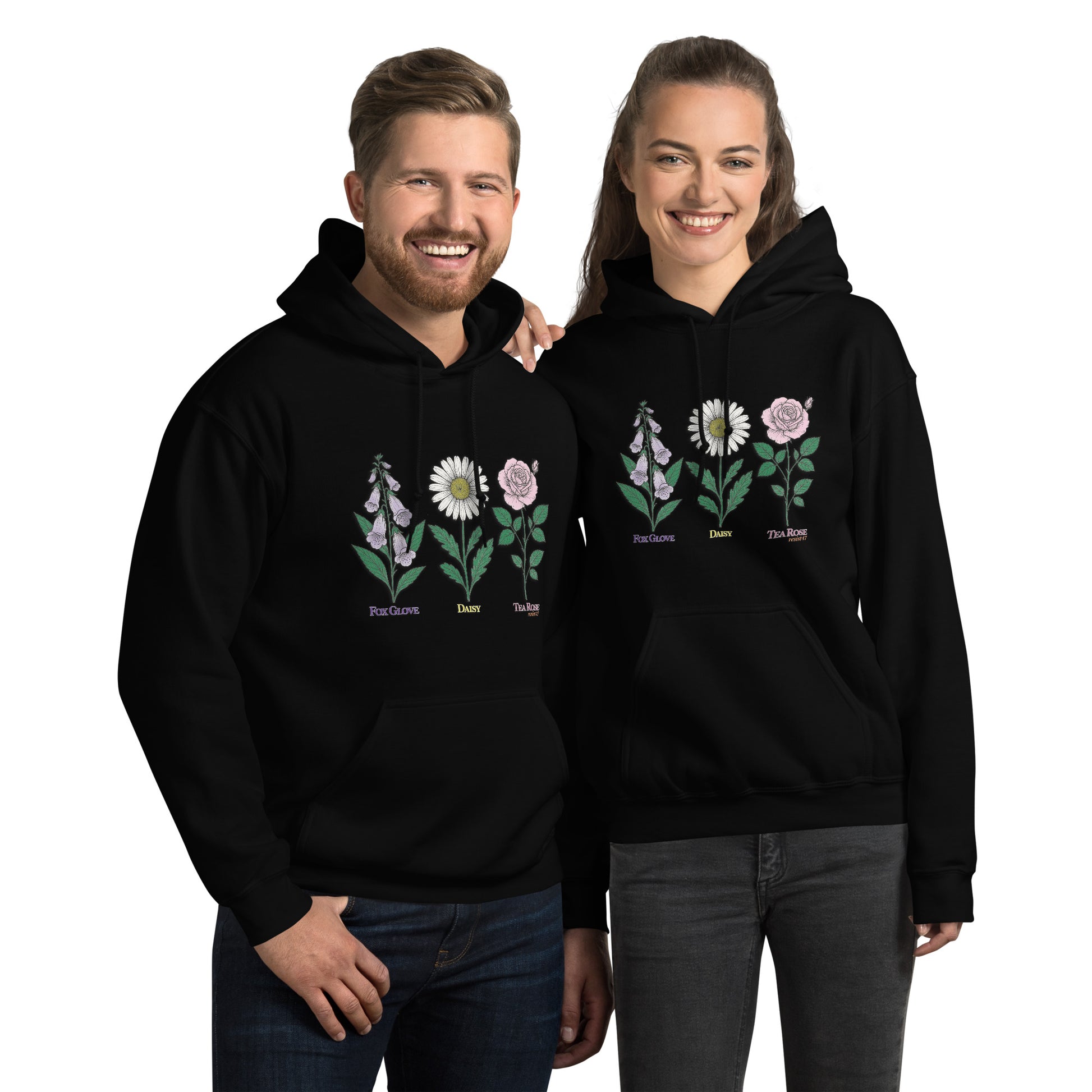 Black hoodie with “FDT Flowers Protest” graphic, front view