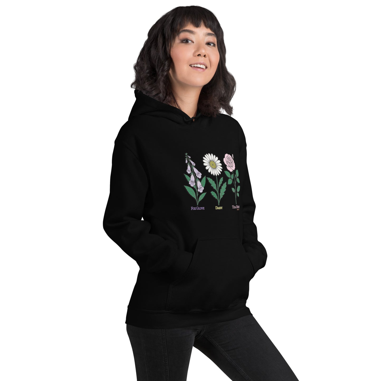 Black hoodie with “FDT Flowers Protest” graphic, front view