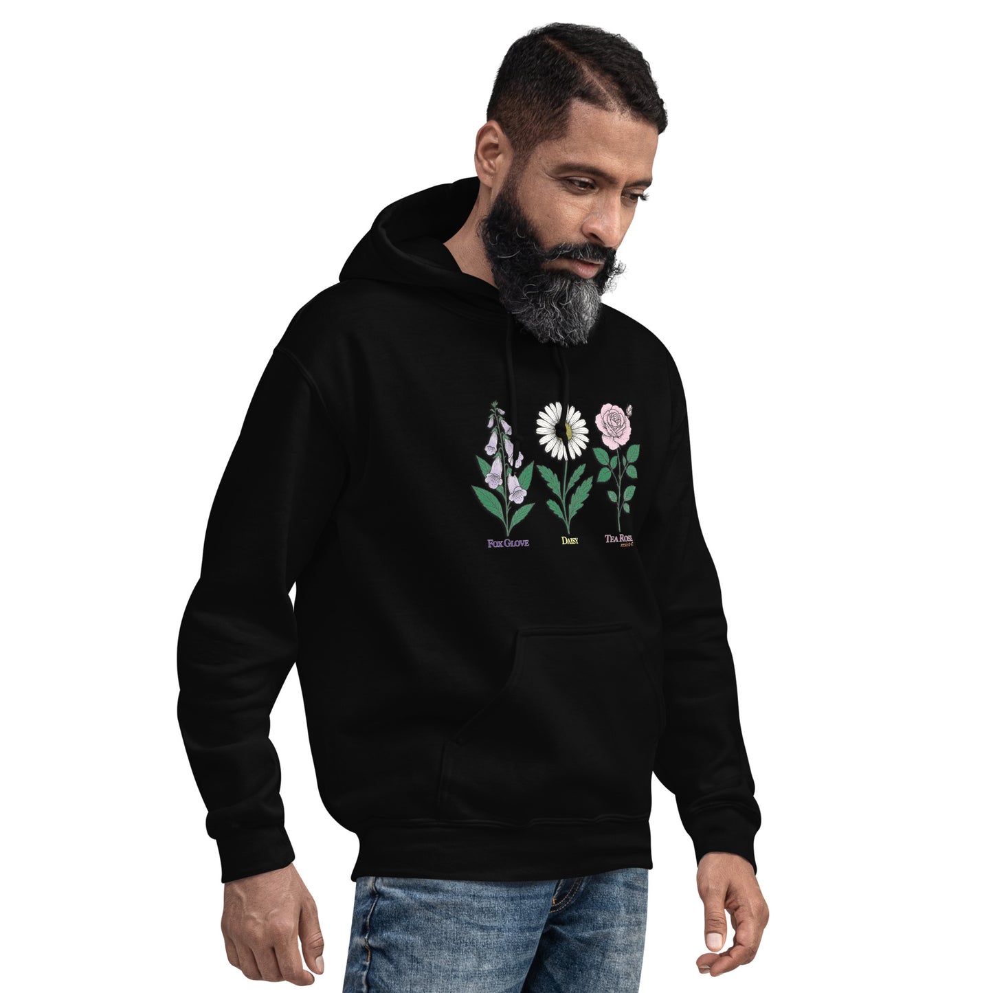 Black hoodie with “FDT Flowers Protest” graphic, front view