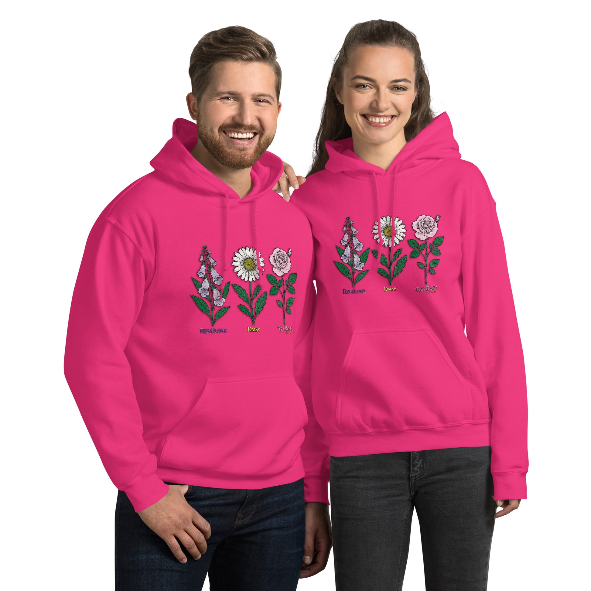 Black hoodie with “FDT Flowers Protest” graphic, front view