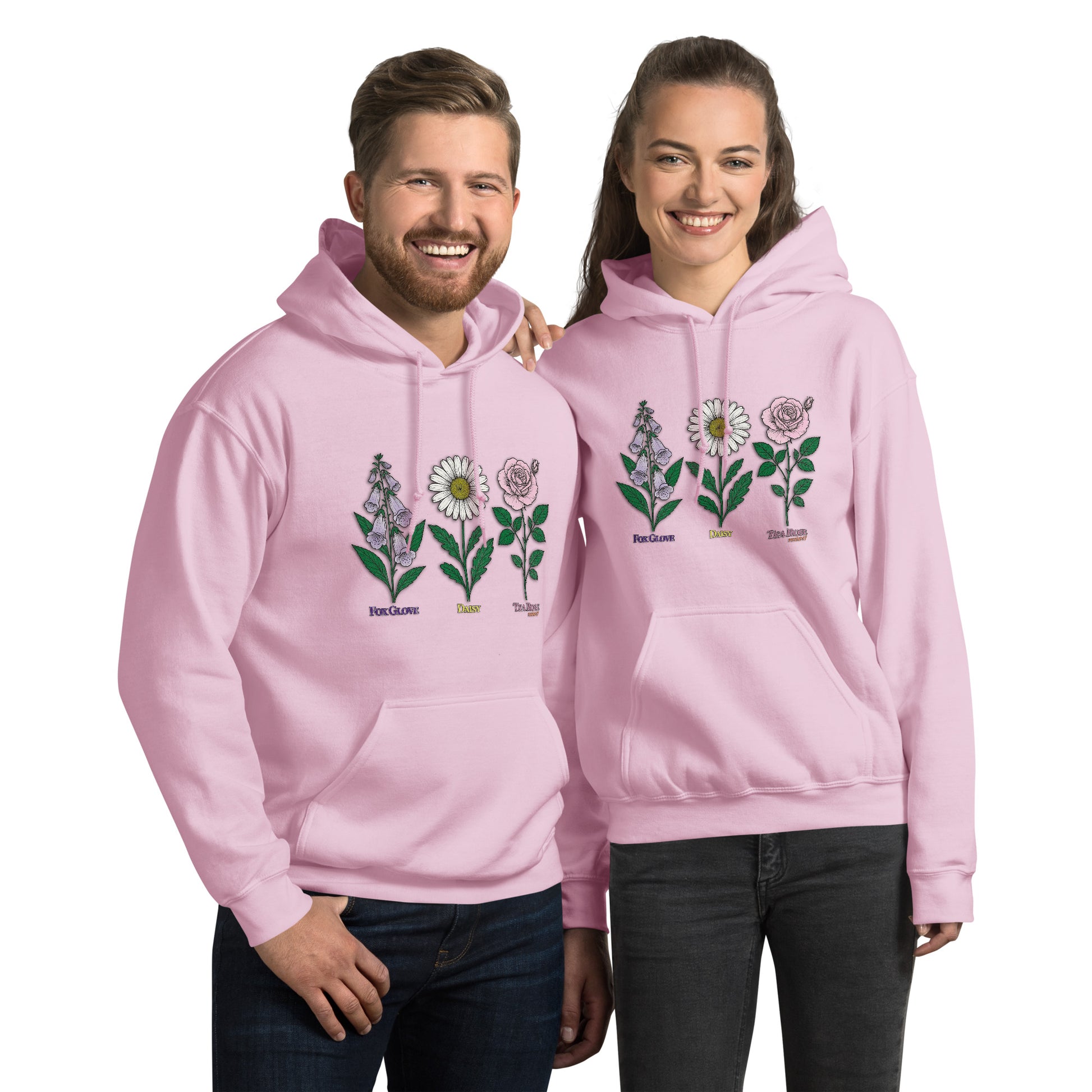 Navy hoodie with “FDT Flowers Protest” graphic, front view