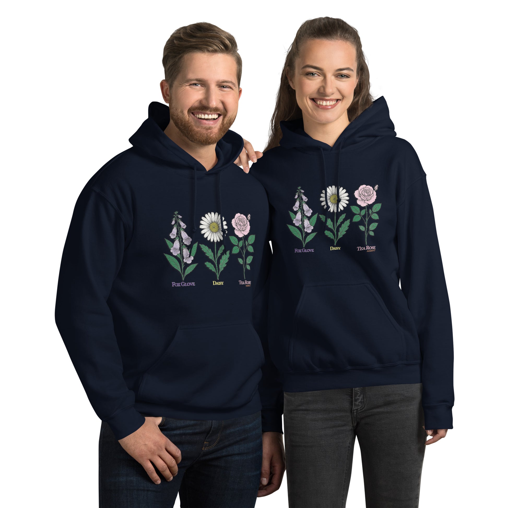 Black hoodie with “FDT Flowers Protest” graphic, front view