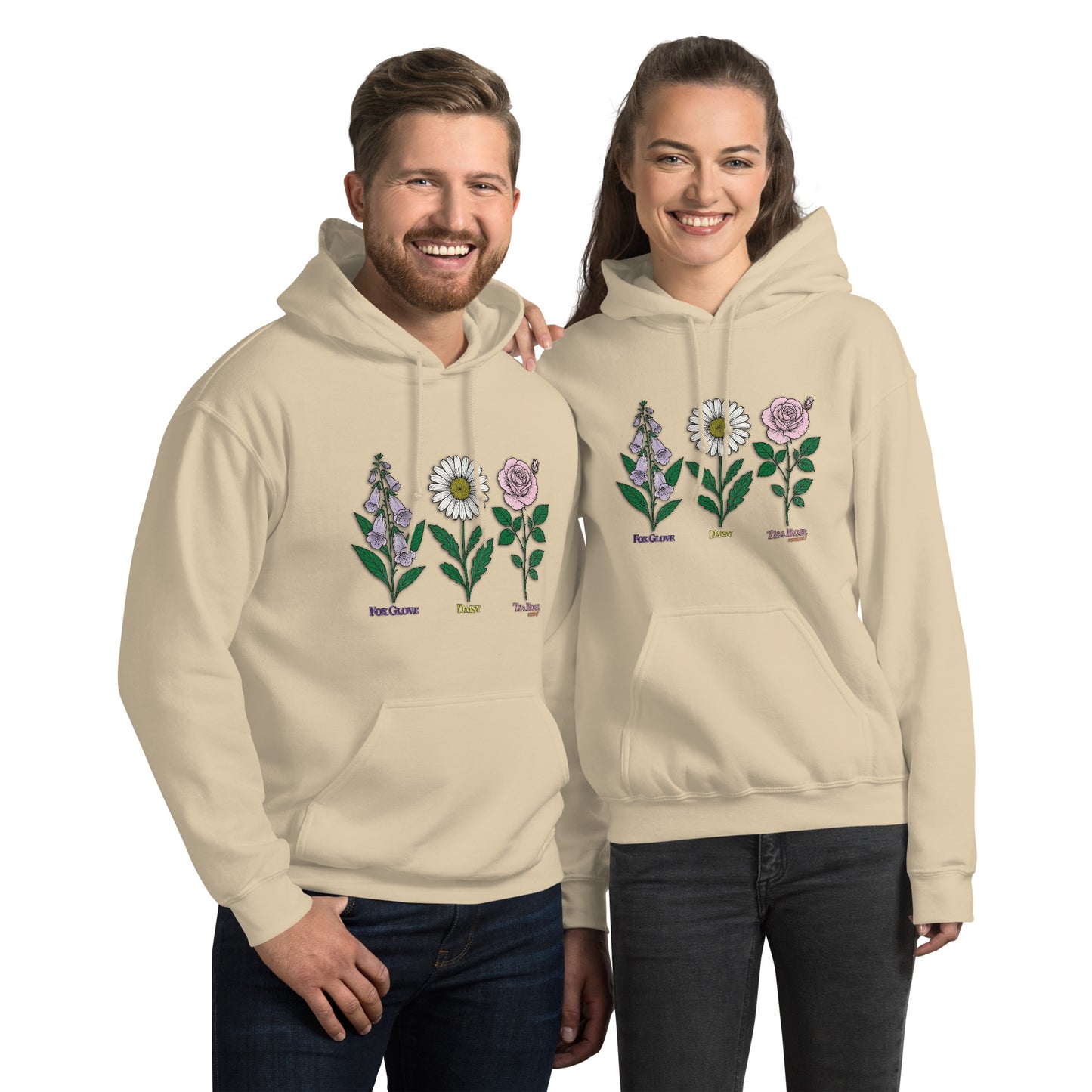 Navy hoodie with “FDT Flowers Protest” graphic, front view