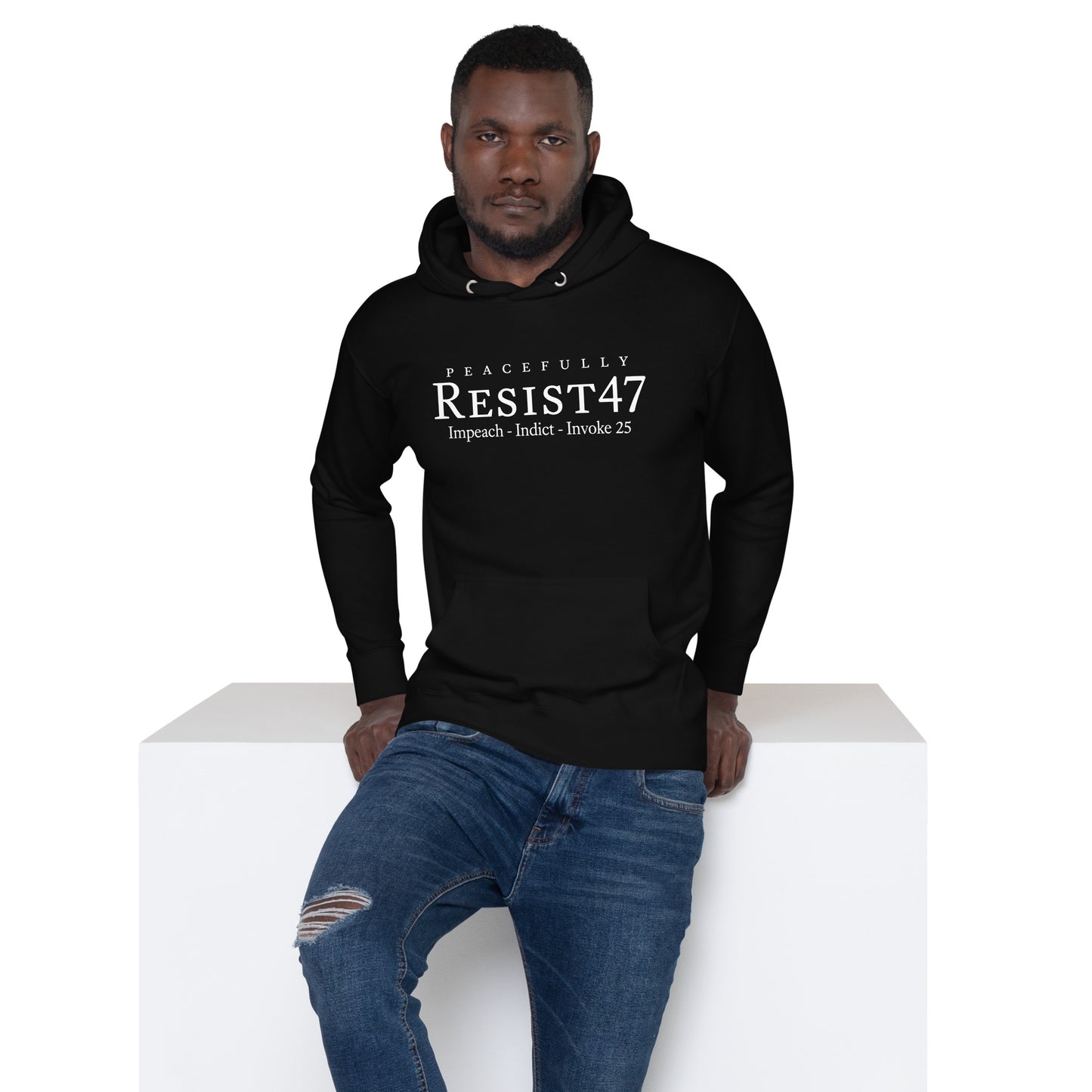 Black hoodie with “Resist 47 Protest” graphic, front view