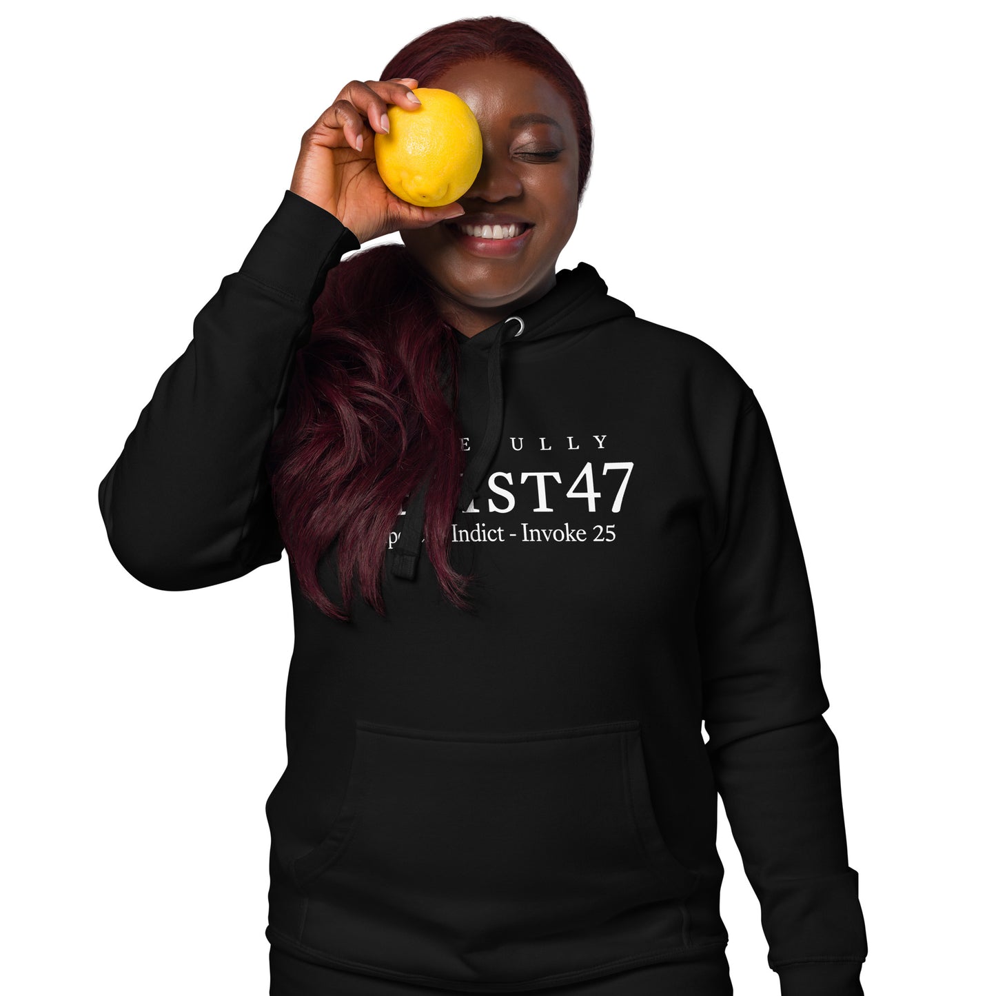 Black hoodie with “Resist 47 Protest” graphic, front view