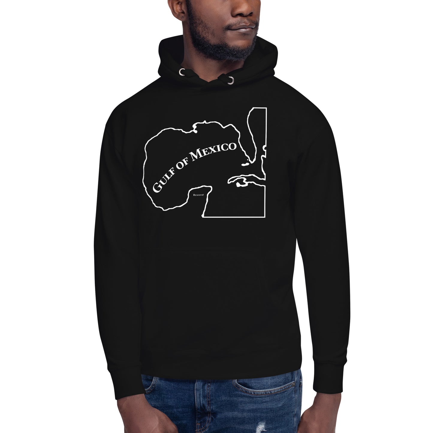 Black hoodie with “Gulf of Mexico Map” graphic, front view