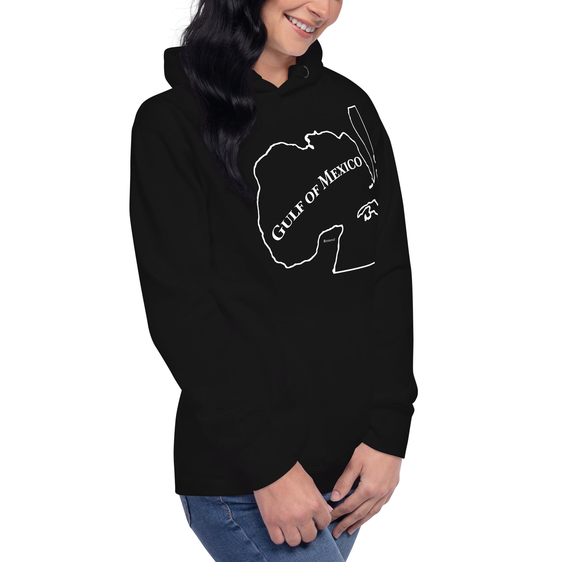 Black hoodie with “Gulf of Mexico Map” graphic, front view