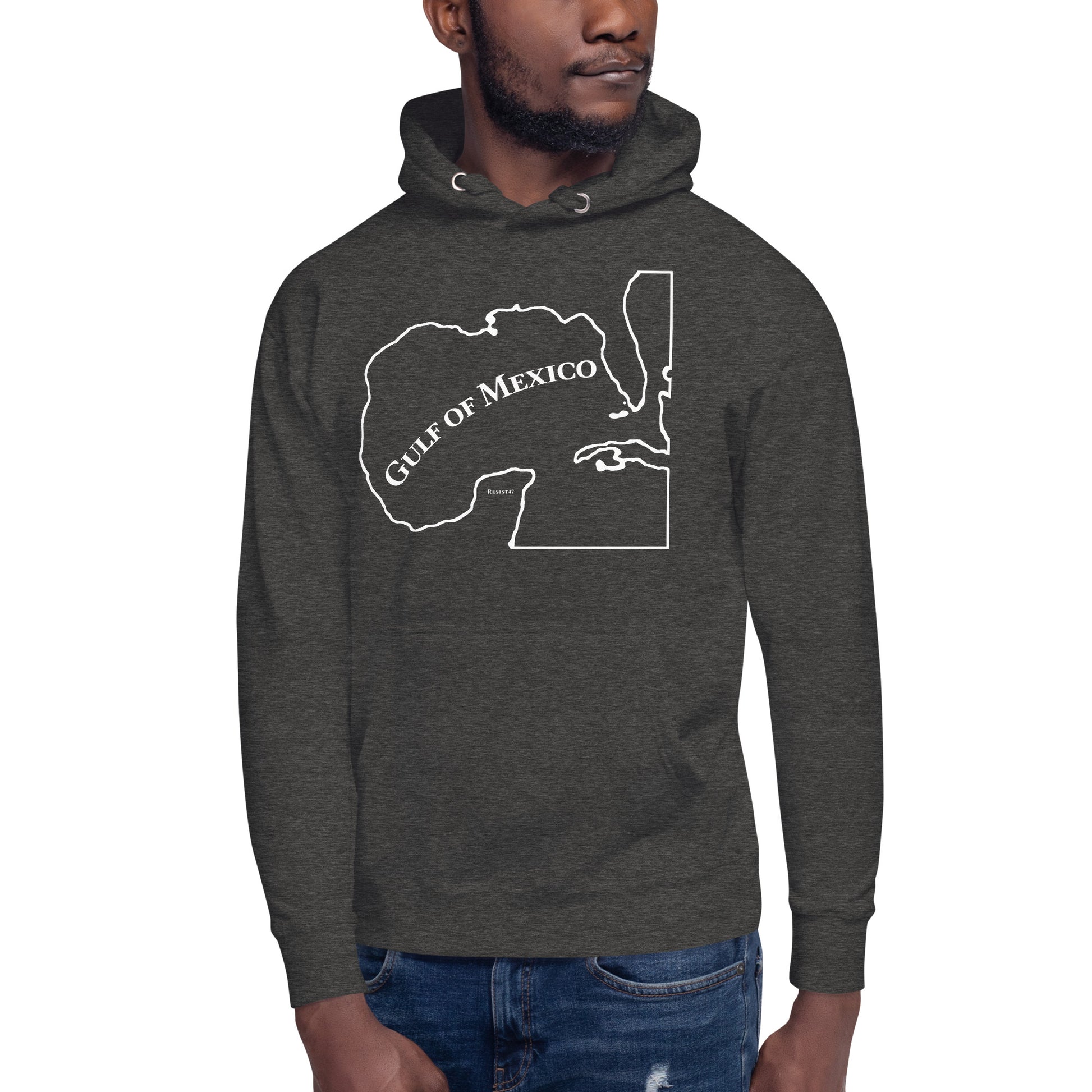 Black hoodie with “Gulf of Mexico Map” graphic, front view