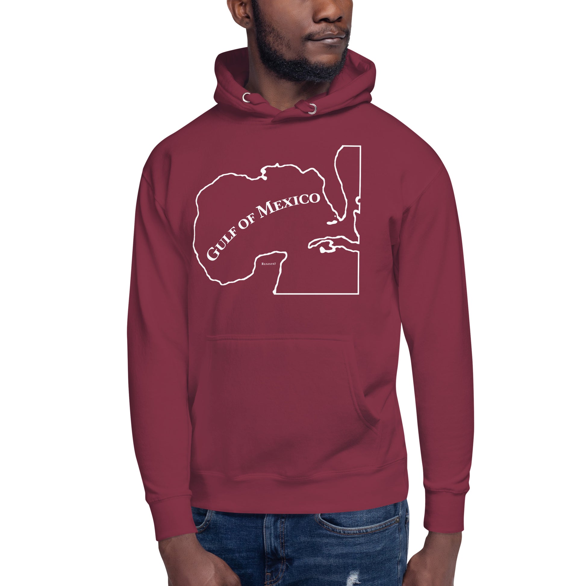 Black hoodie with “Gulf of Mexico Map” graphic, front view