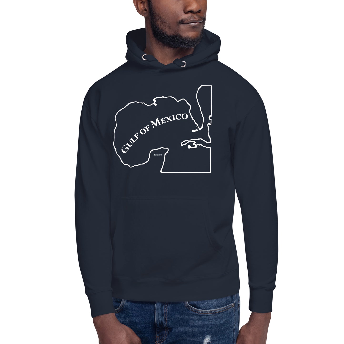 Black hoodie with “Gulf of Mexico Map” graphic, front view