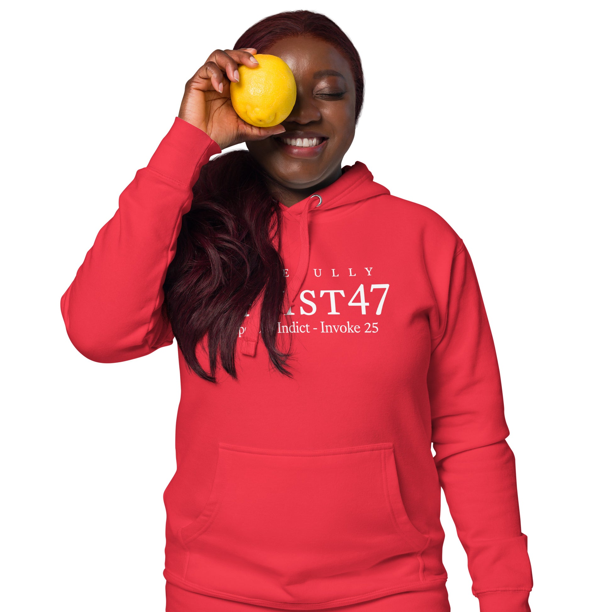 Navy Blazer hoodie with “Resist 47 Protest” graphic, front view