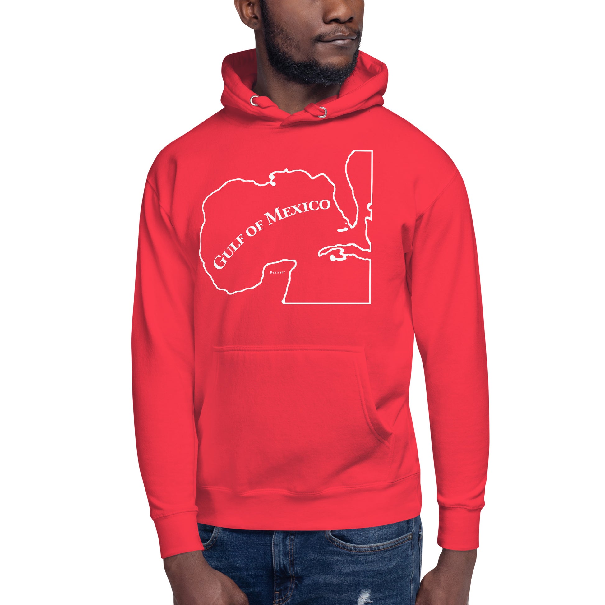 Navy Blazer hoodie with “Gulf of Mexico Map” graphic, front view