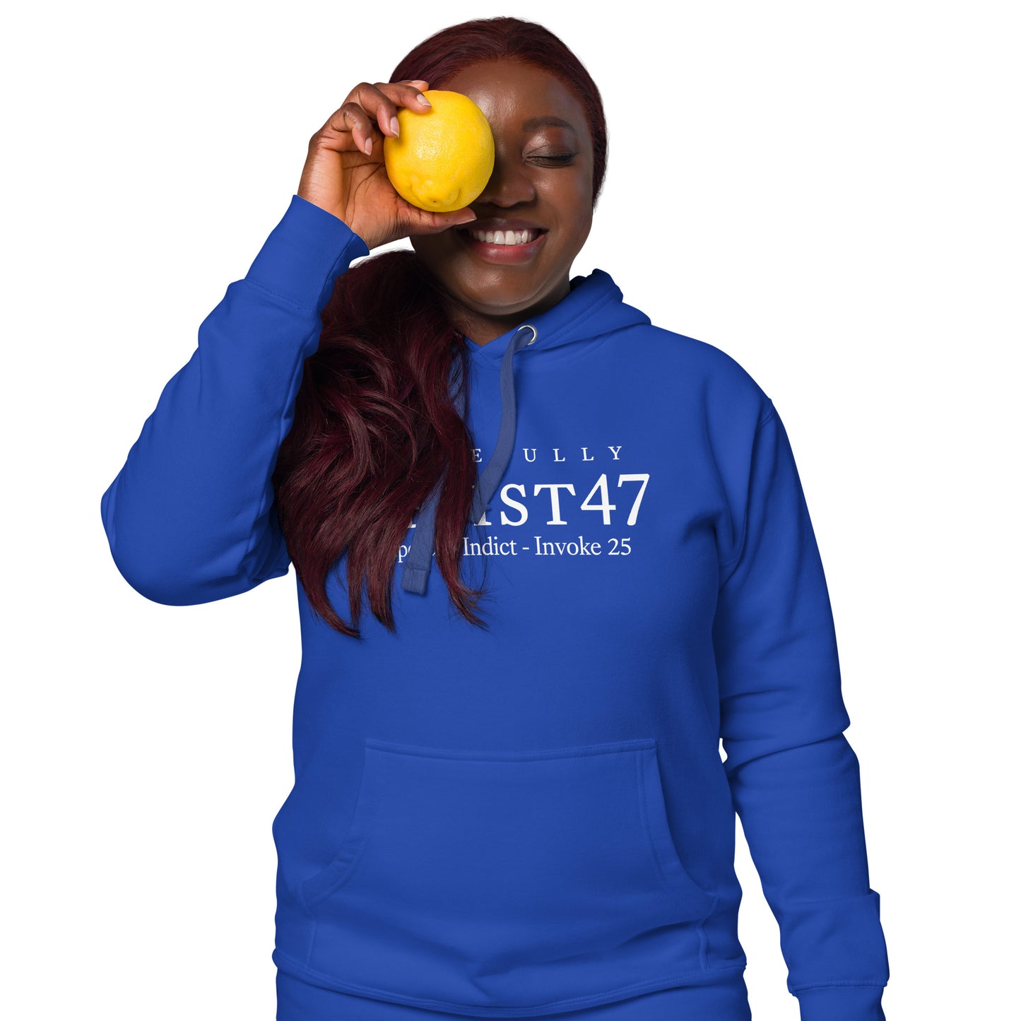 Navy Blazer hoodie with “Resist 47 Protest” graphic, front view
