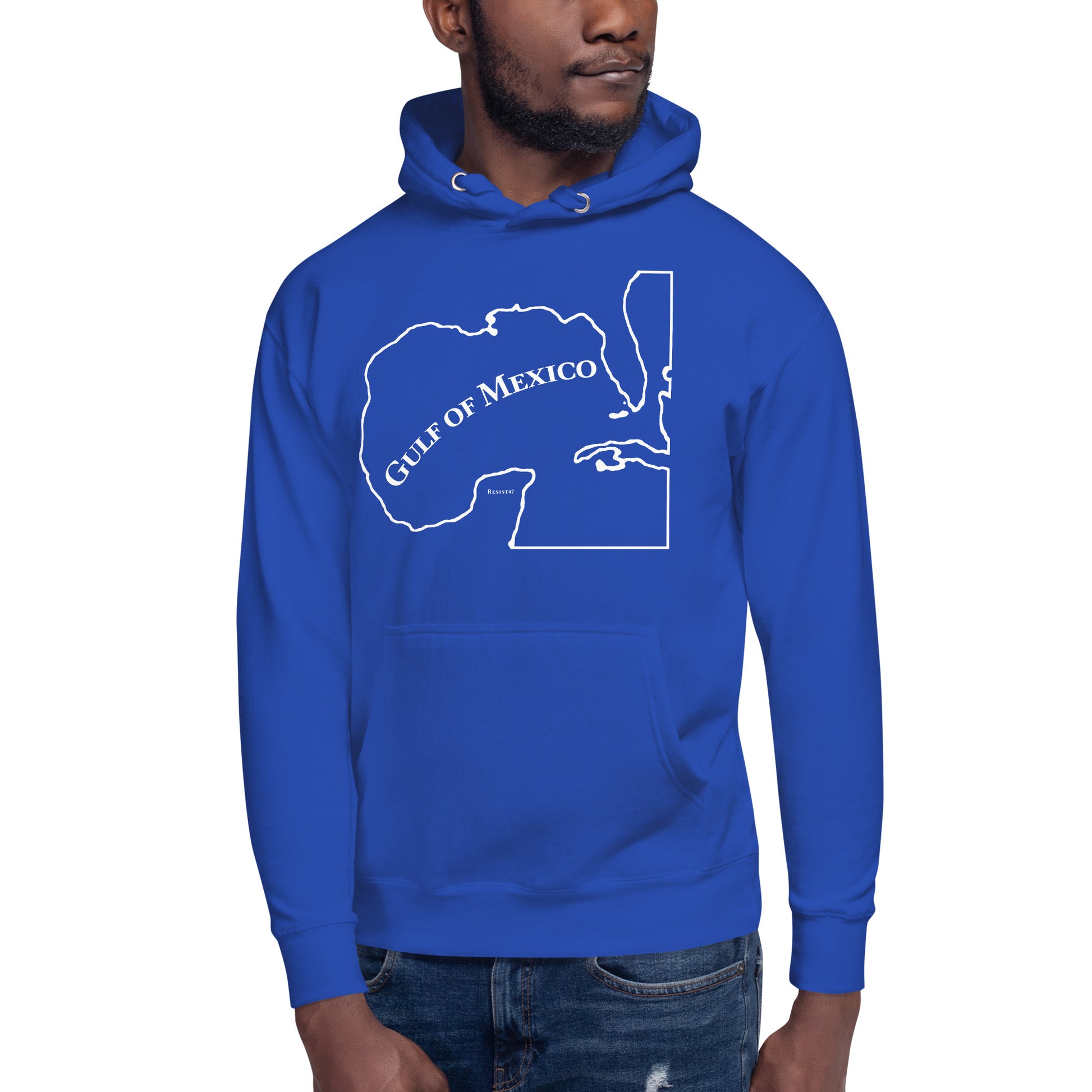 Black hoodie with “Gulf of Mexico Map” graphic, front view