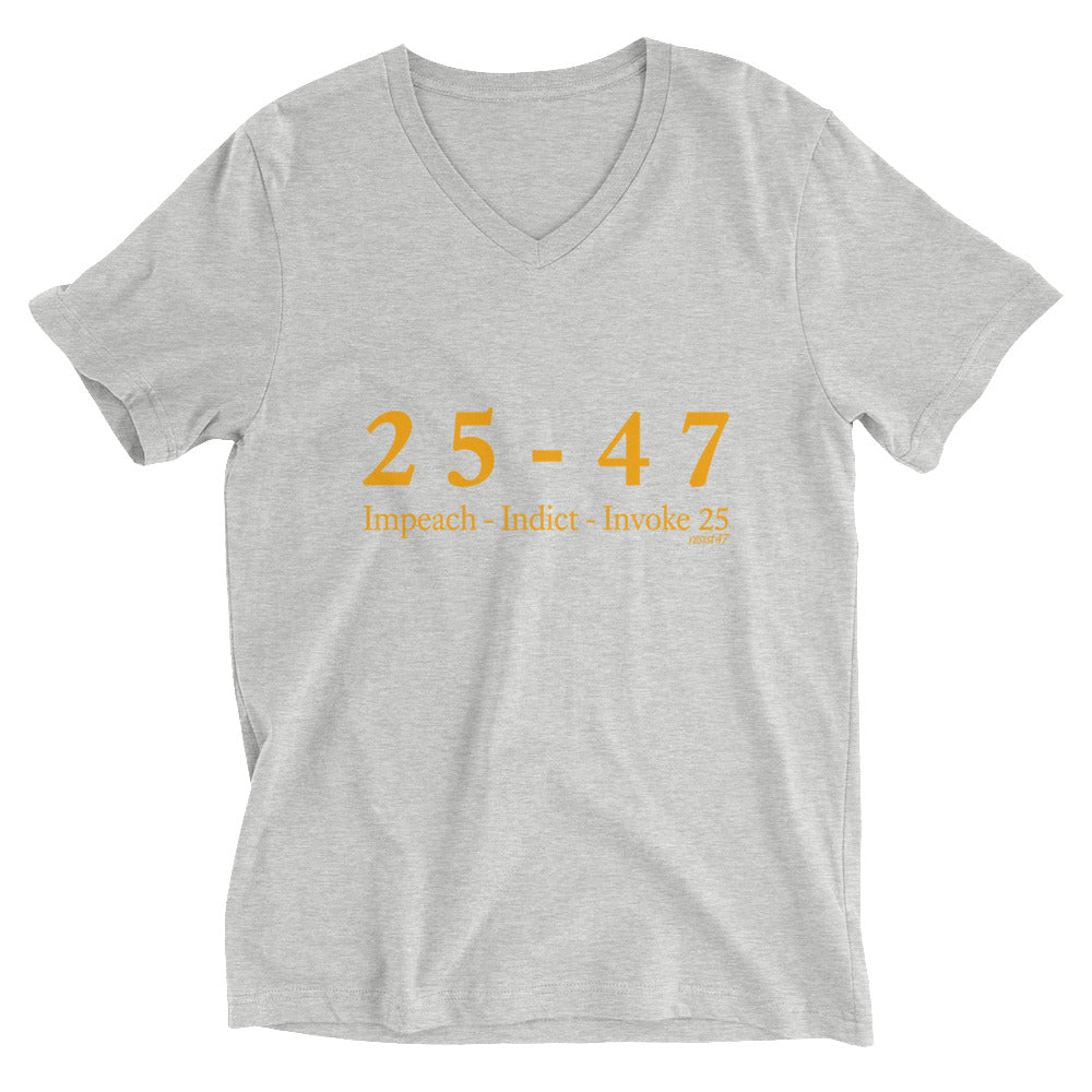 Navy tee with “25-47 V-Neck Protest” graphic, front view