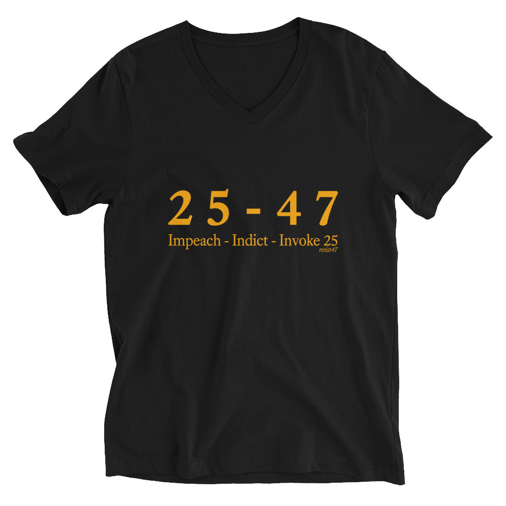 Black tee with “25-47 V-Neck Protest” graphic, front view