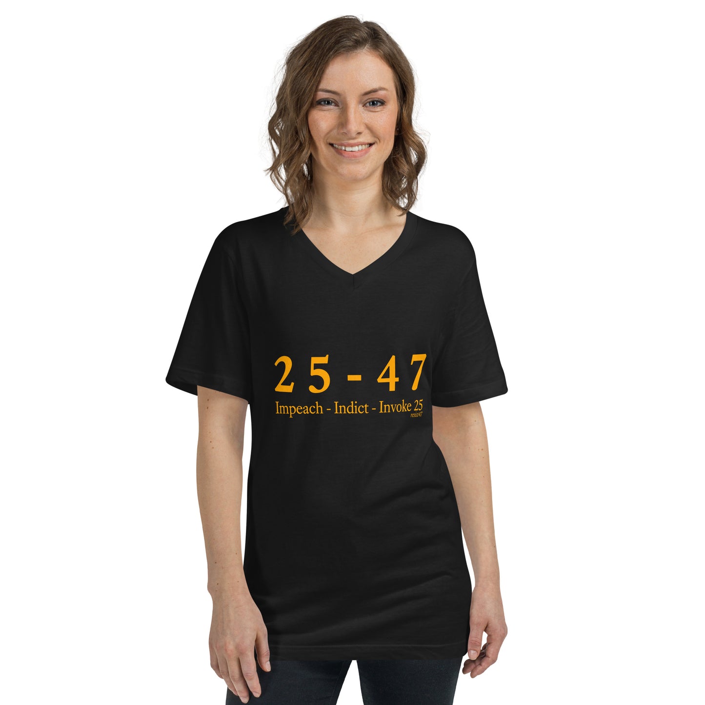 Black tee with “25-47 V-Neck Protest” graphic, front view