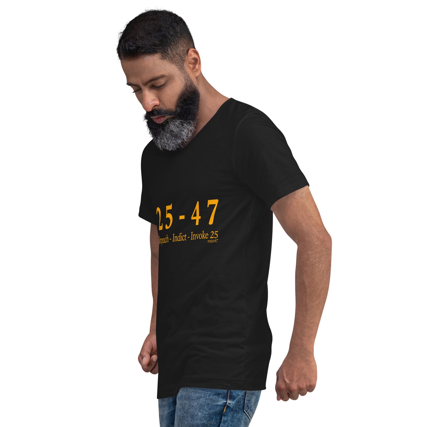 Black tee with “25-47 V-Neck Protest” graphic, front view
