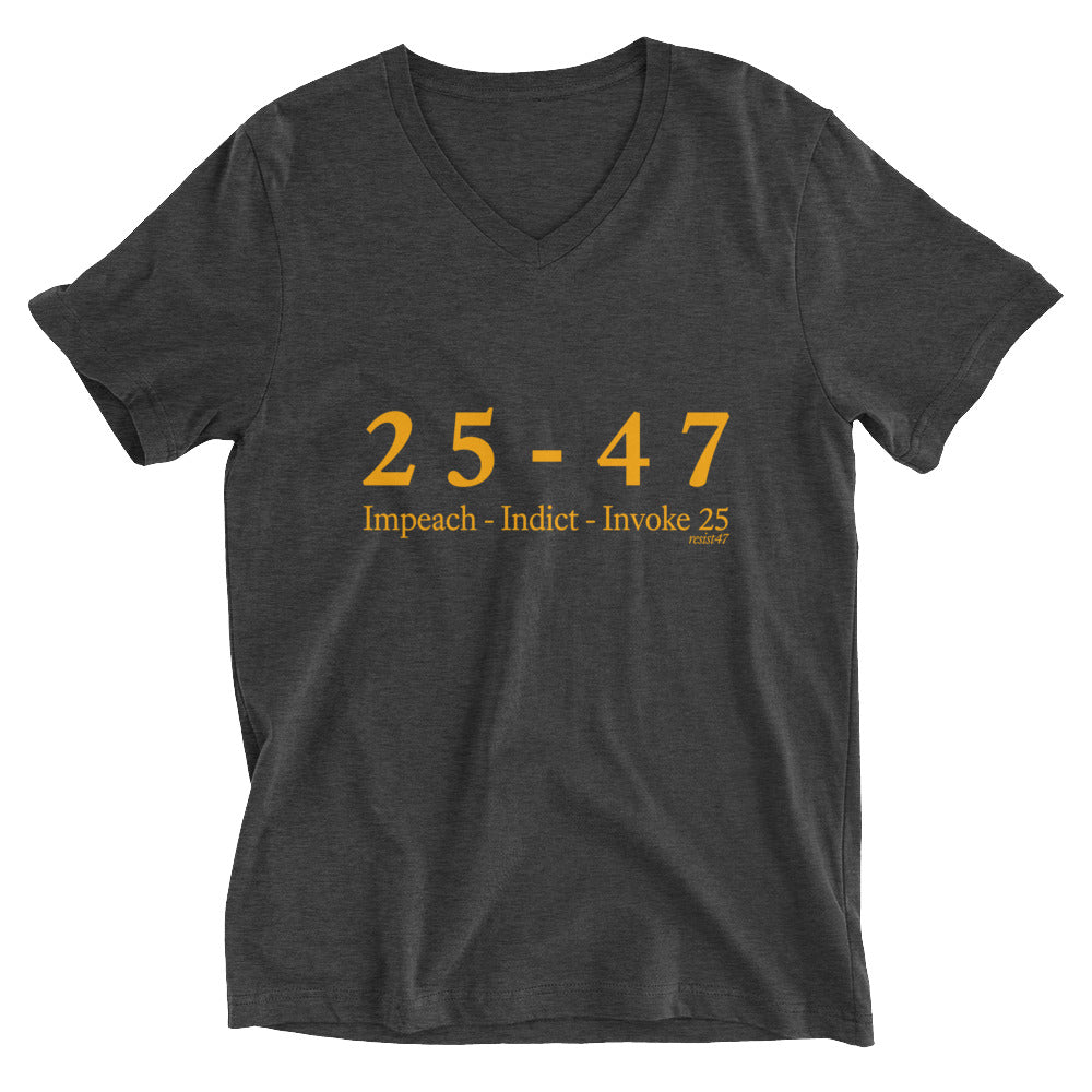 Navy tee with “25-47 V-Neck Protest” graphic, front view